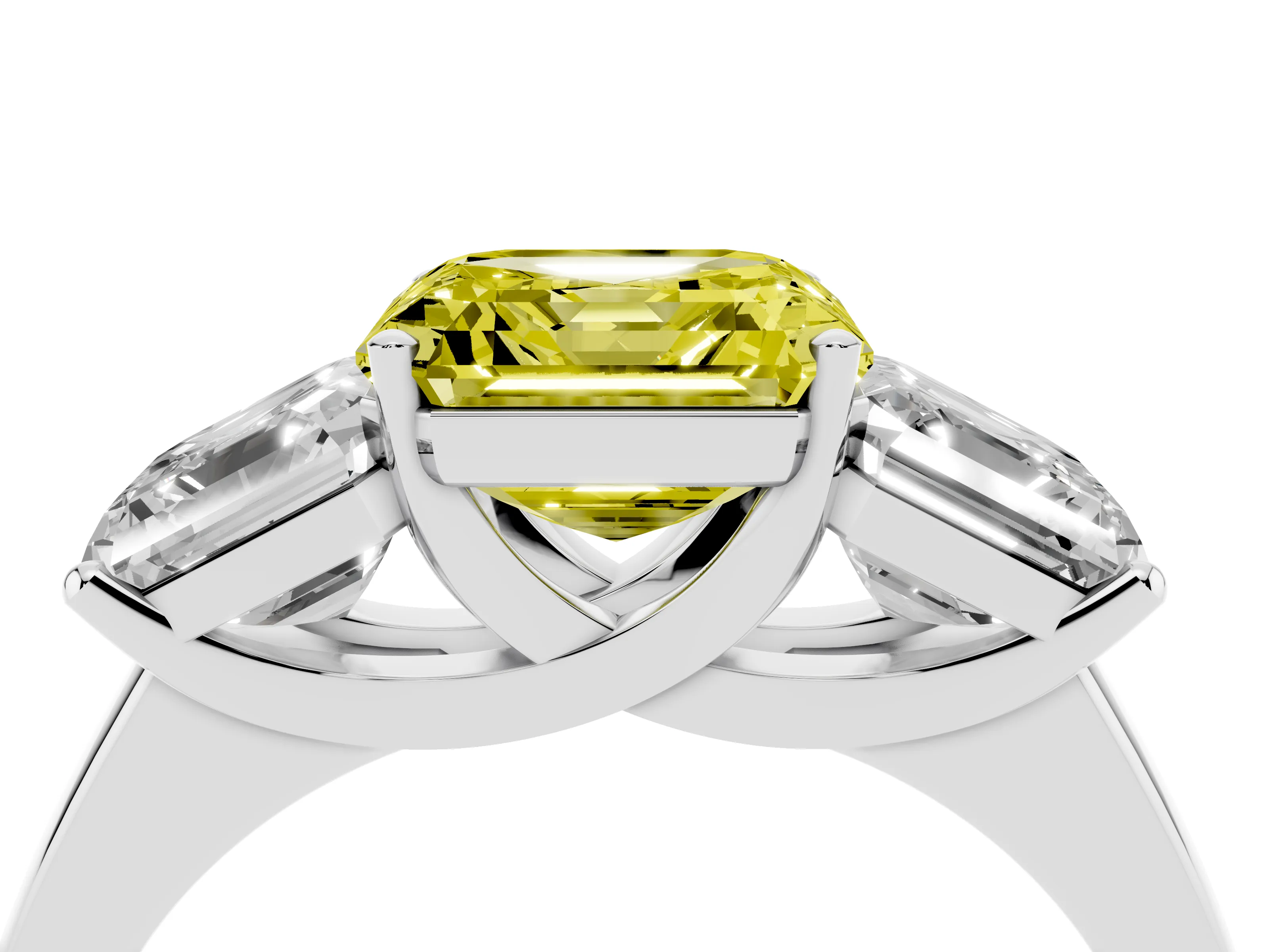 Fancy Yellow Asscher Cut Diamond Three-Stone Ring Set in Platinum with Classic Prong Setting and Plain Band