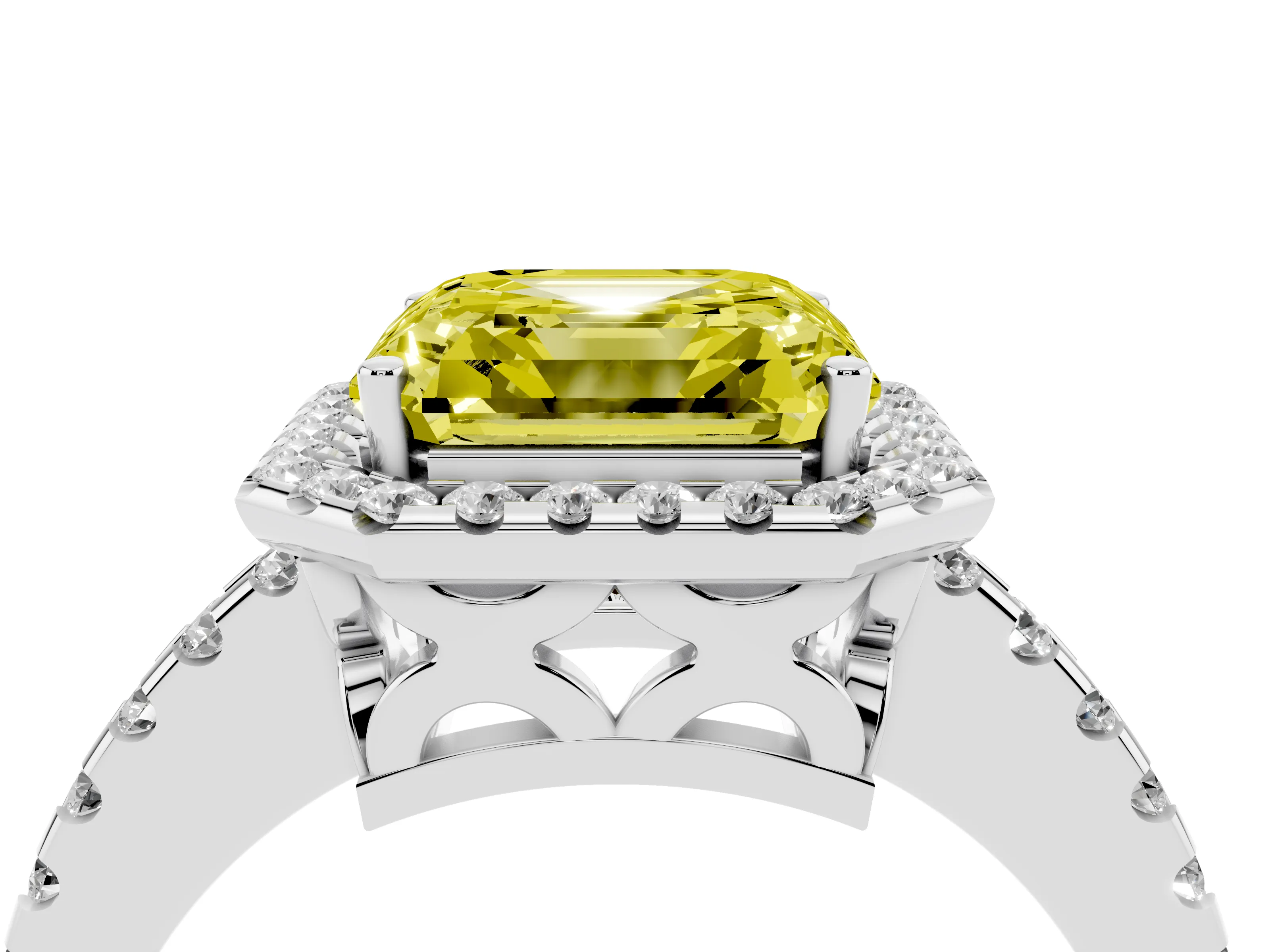 Fancy Yellow Asscher Cut Diamond Halo Ring Set in Platinum with Pavé Shoulders and Halo-Framed Center