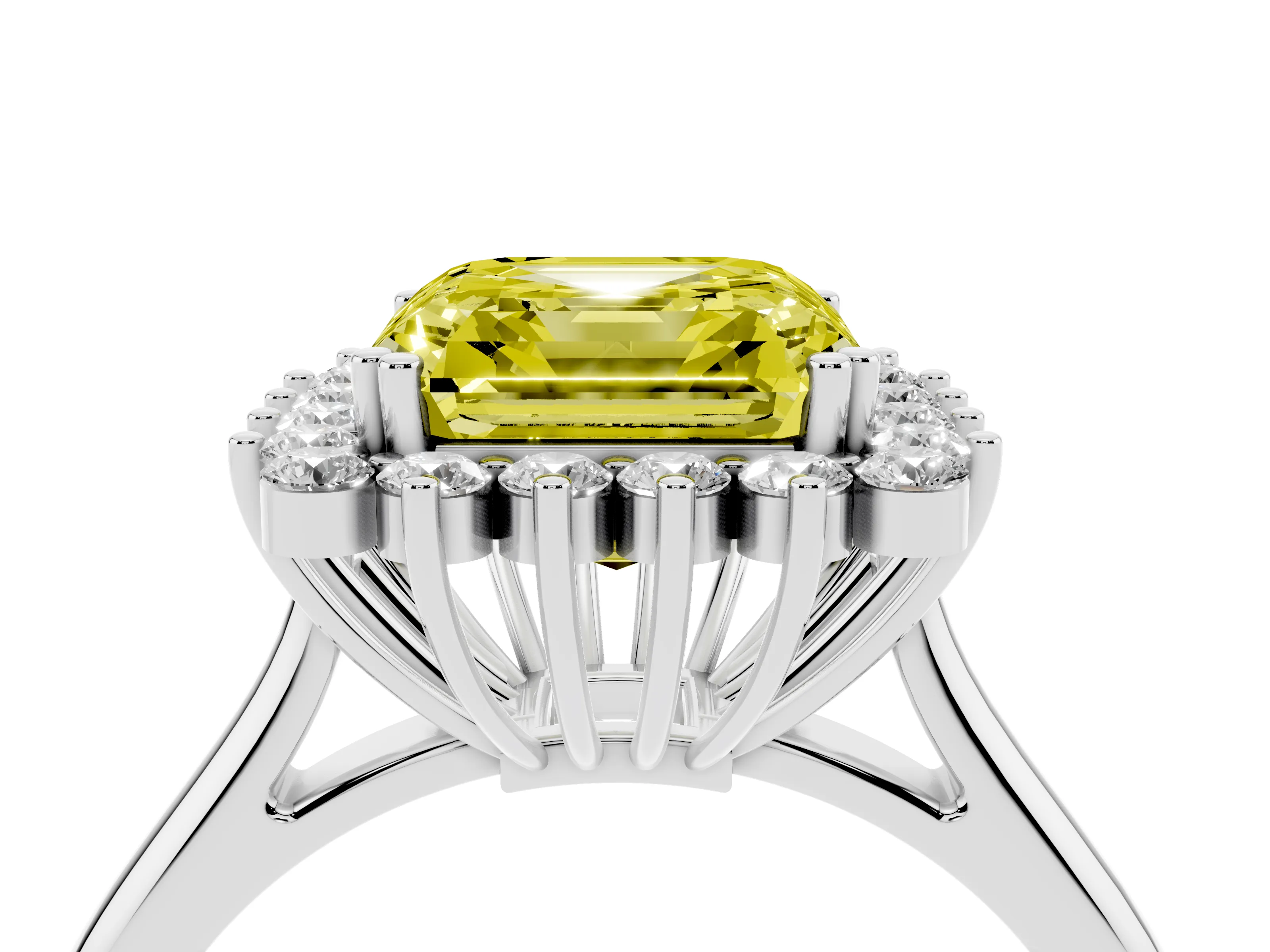 Fancy Yellow Asscher Cut Diamond Halo Ring Set in Silver with Plain Solitaire Band and Prong Setting