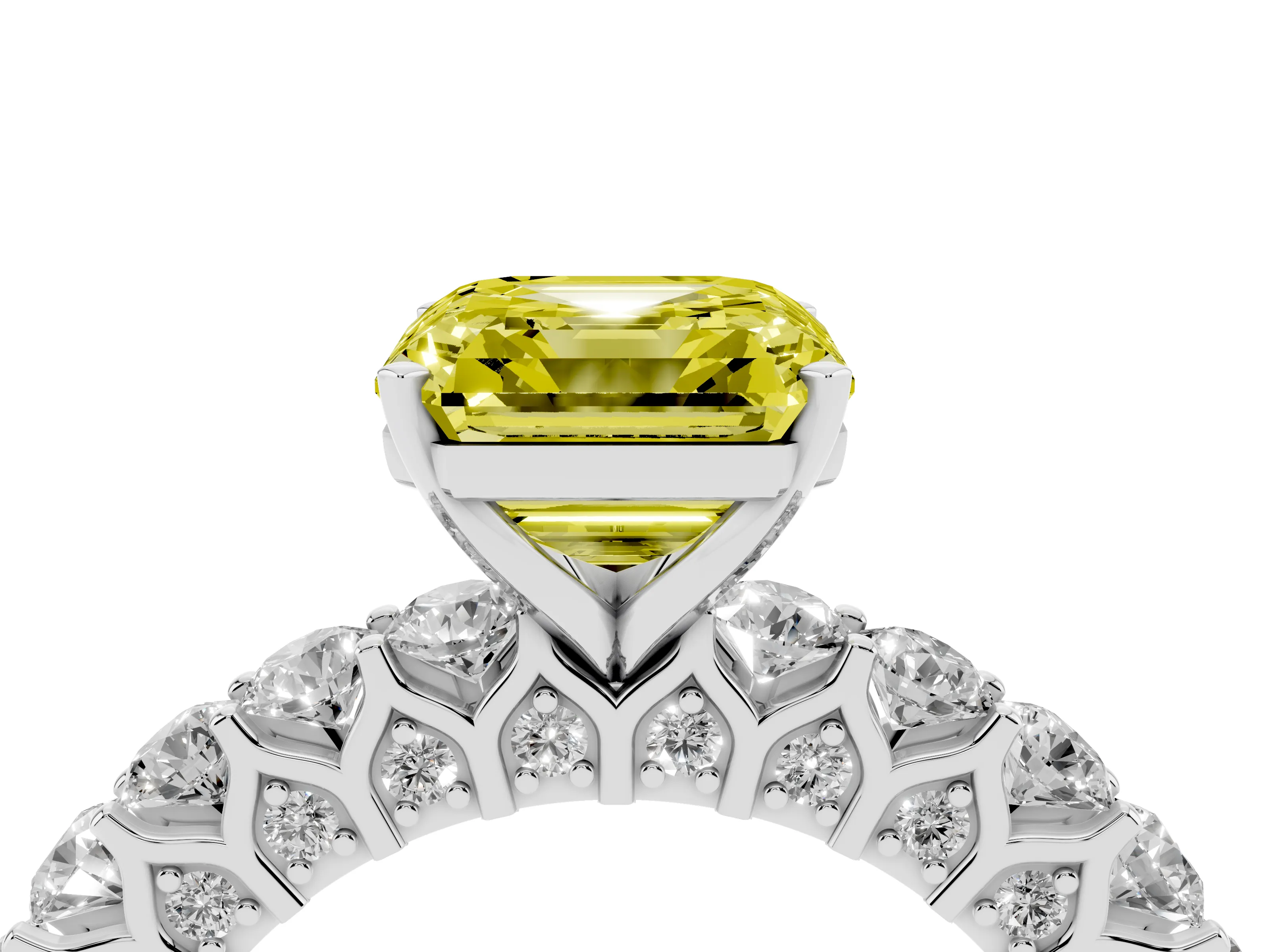 Fancy Yellow Asscher Cut Diamond Solitaire Ring Set in Platinum with Shared Prong Pavé Band