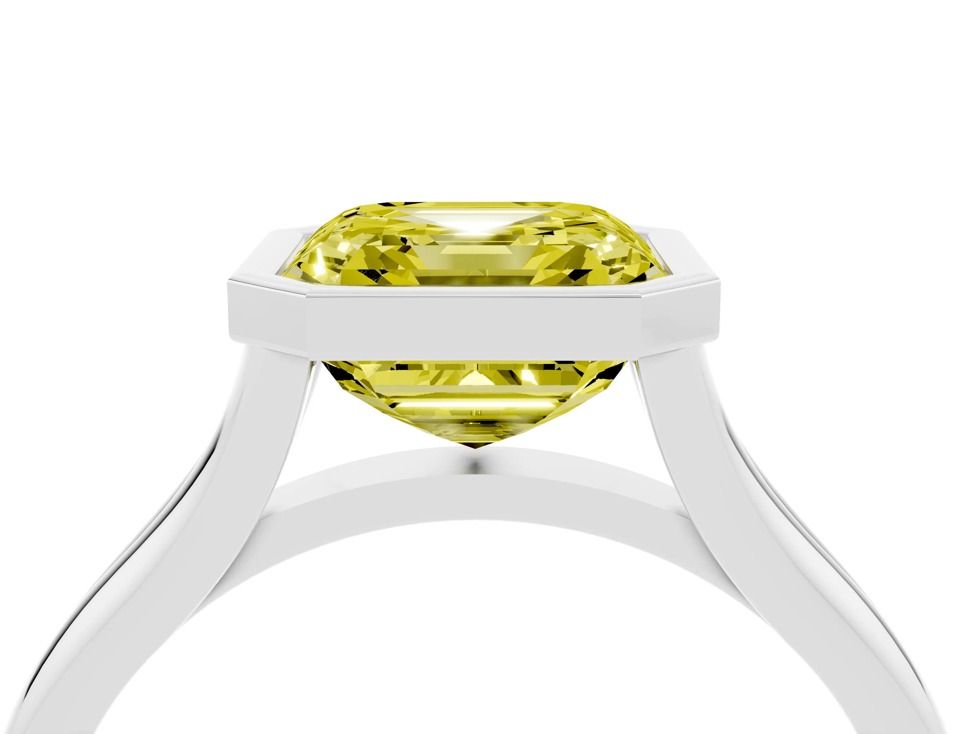 Fancy Yellow Bezel Set Asscher Cut Diamond Solitaire Ring Set in Platinum with Tapered Band