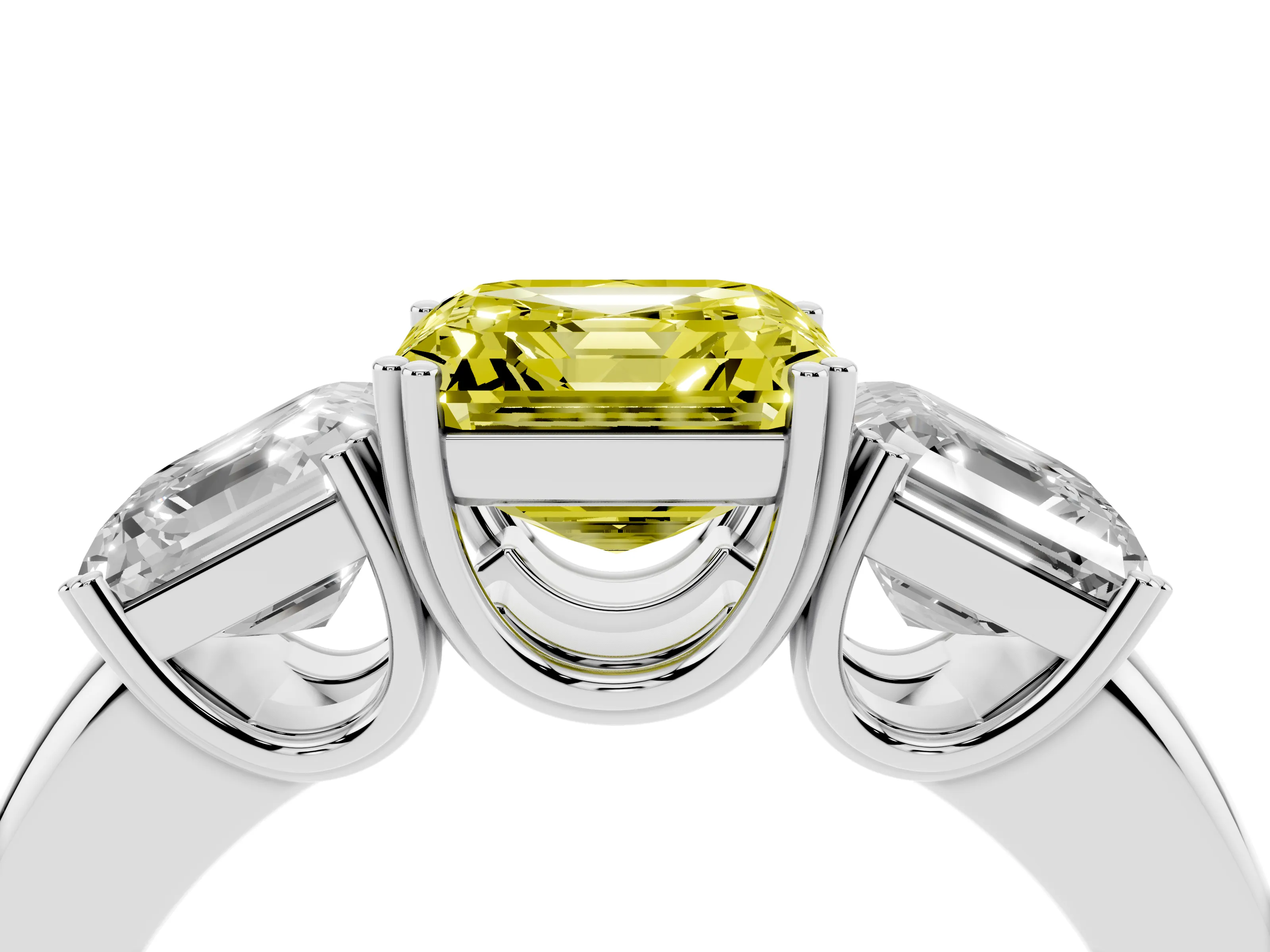 Fancy Yellow Asscher Cut Diamond Three-Stone Ring Set in Silver with Polished Band and Prong Setting