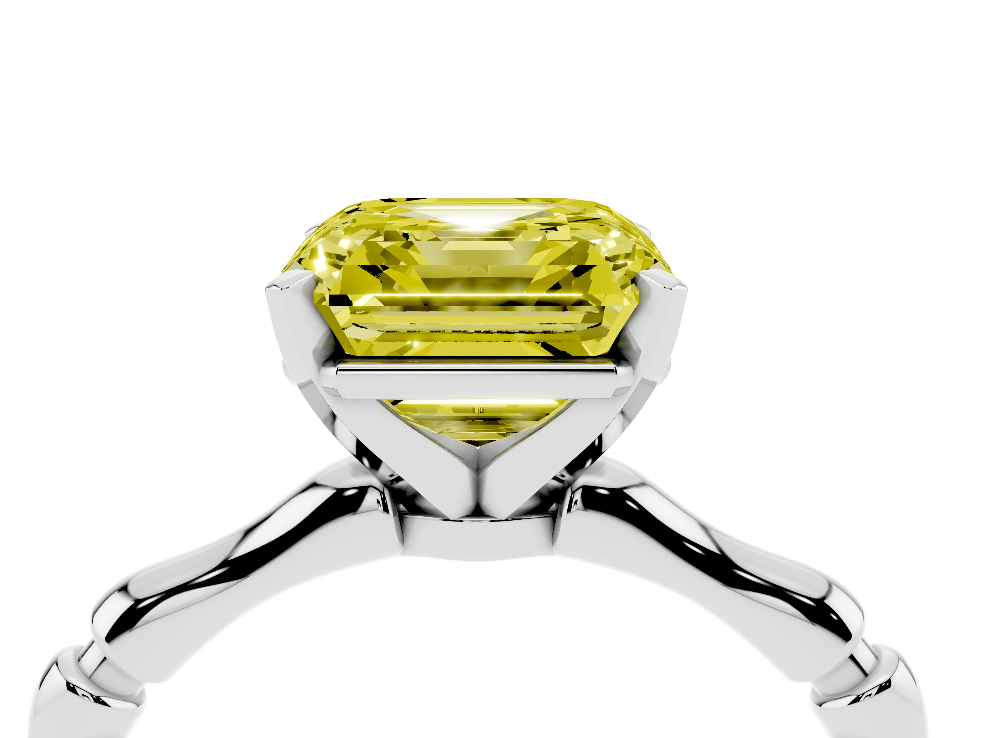Fancy Yellow Asscher Cut Diamond Solitaire Ring Set in Platinum with Bamboo Band and Prong Setting