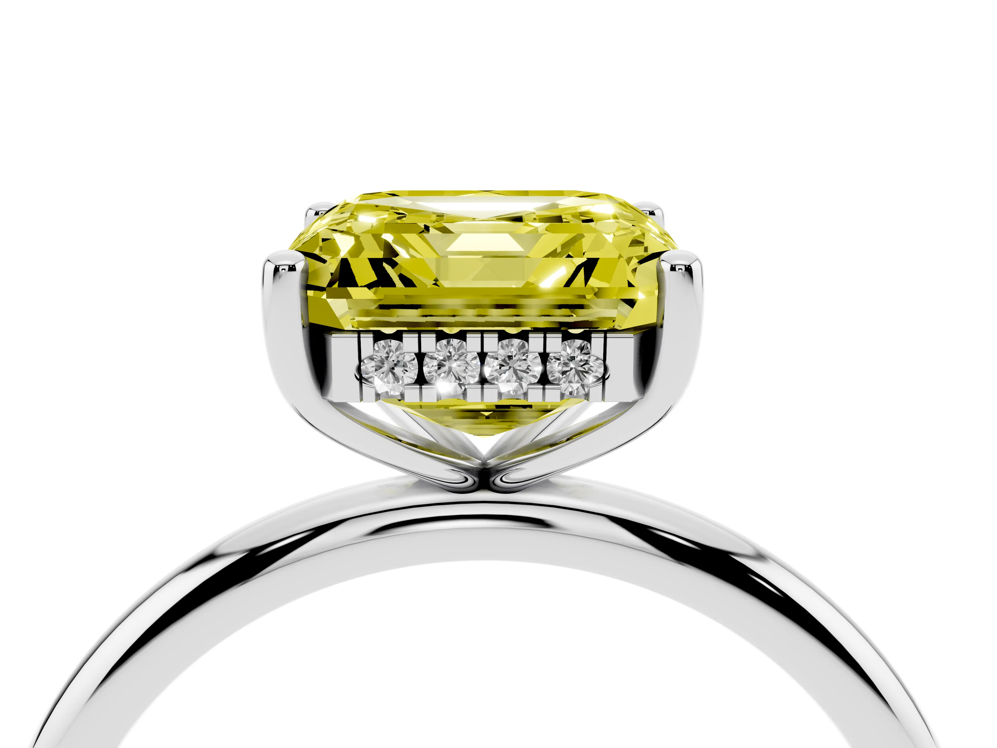 Fancy Yellow Asscher Cut Diamond Solitaire Engagement Ring Set in Silver with Prong Setting and Polished Band