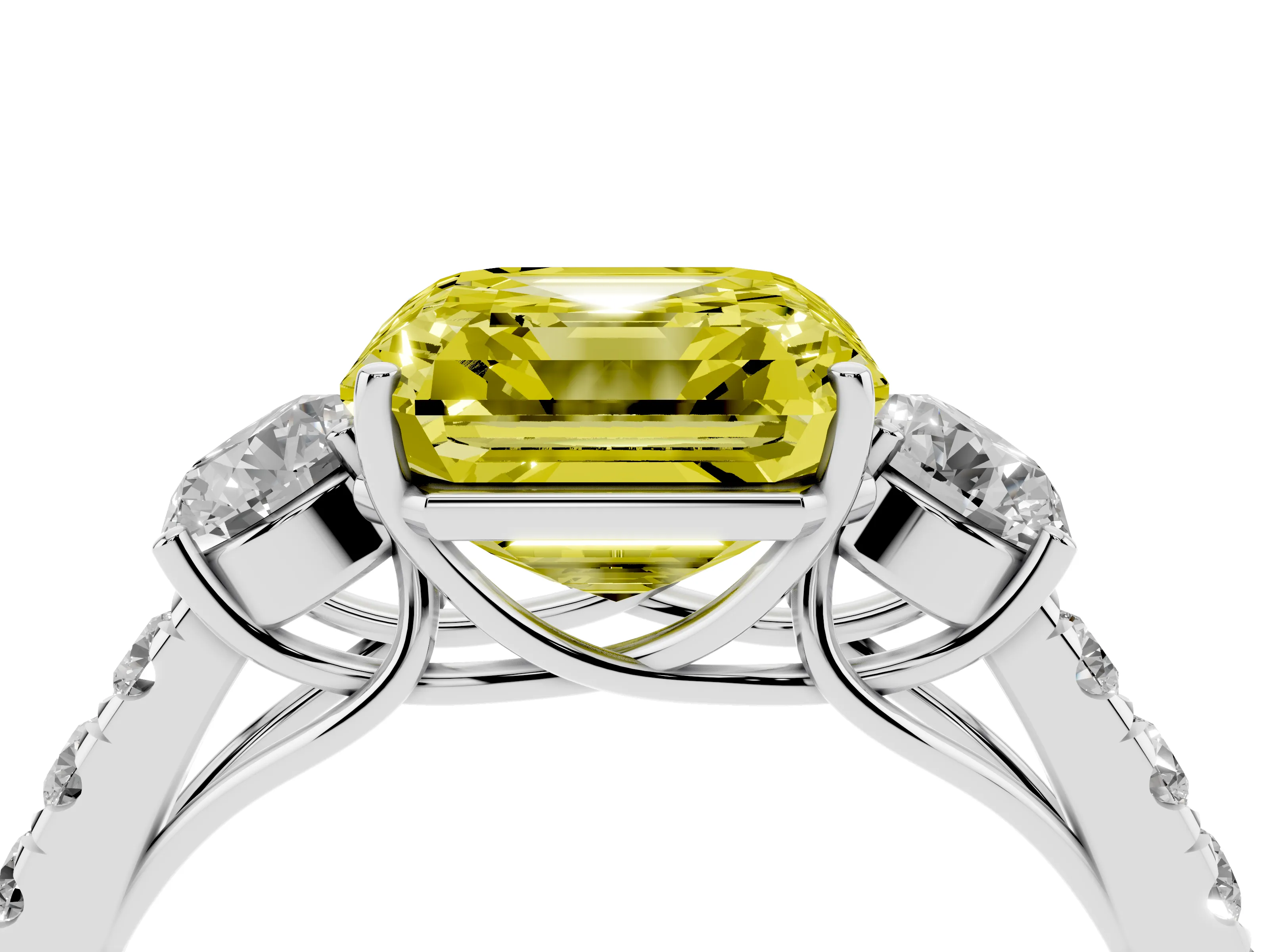 Fancy Yellow Asscher Cut Diamond Three-Stone Ring Set in Platinum with Round Side Stones and Delicate Pavé Band