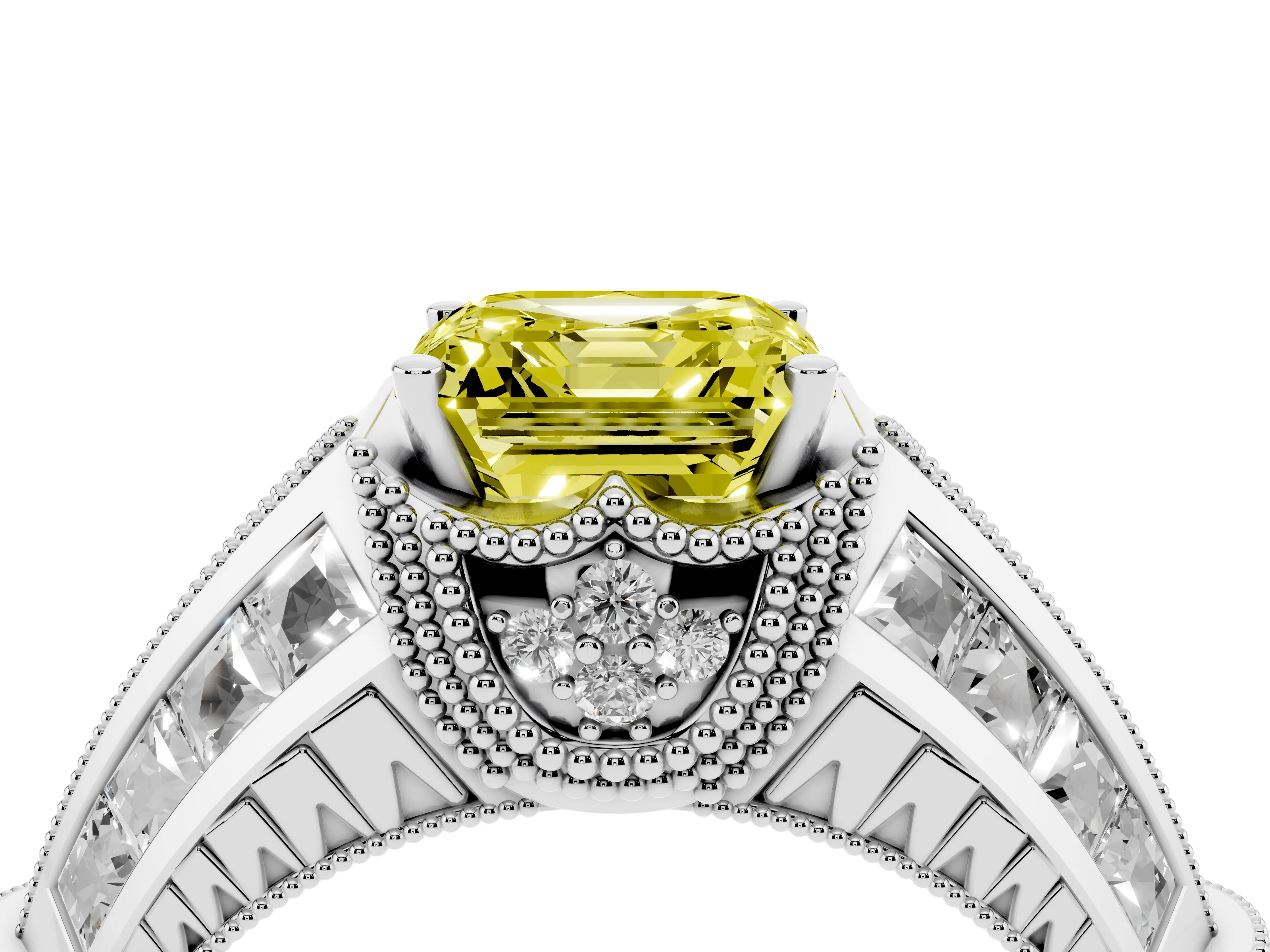 Fancy Yellow Asscher Cut Diamond Vintage-Inspired Milgrain Ring Set in Platinum with Accent Split Shank