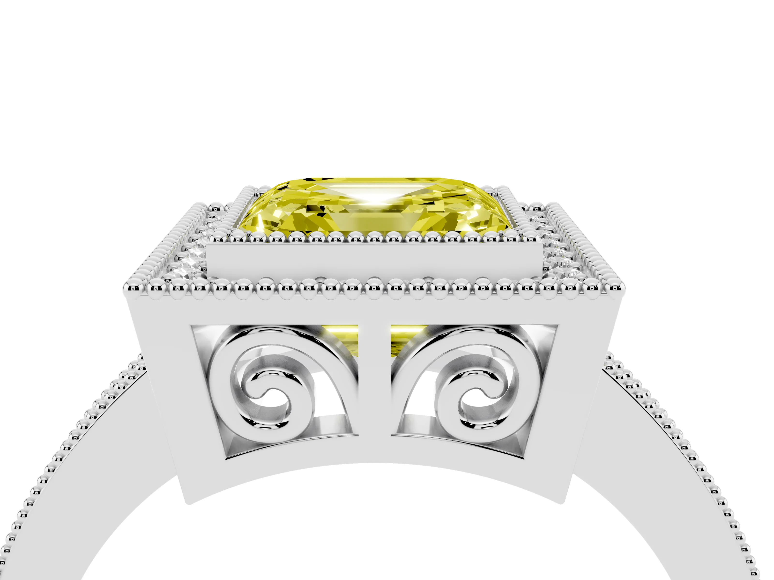 Fancy Yellow Asscher Cut Diamond Round Halo Ring Set in White gold with Pavé Band