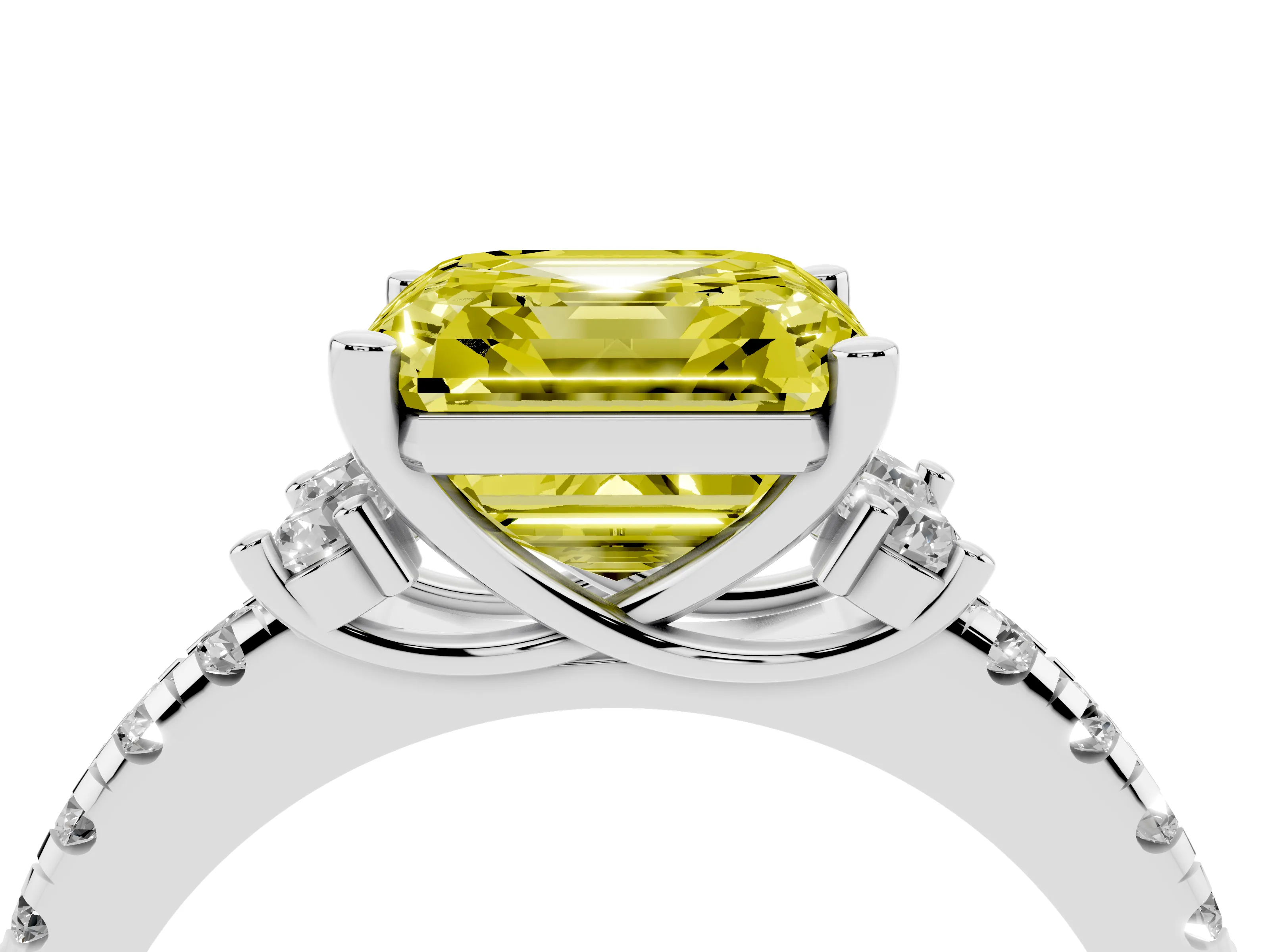 Fancy Yellow Asscher Cut Diamond Three-Stone Pavé Ring Set in White gold with Prong Setting