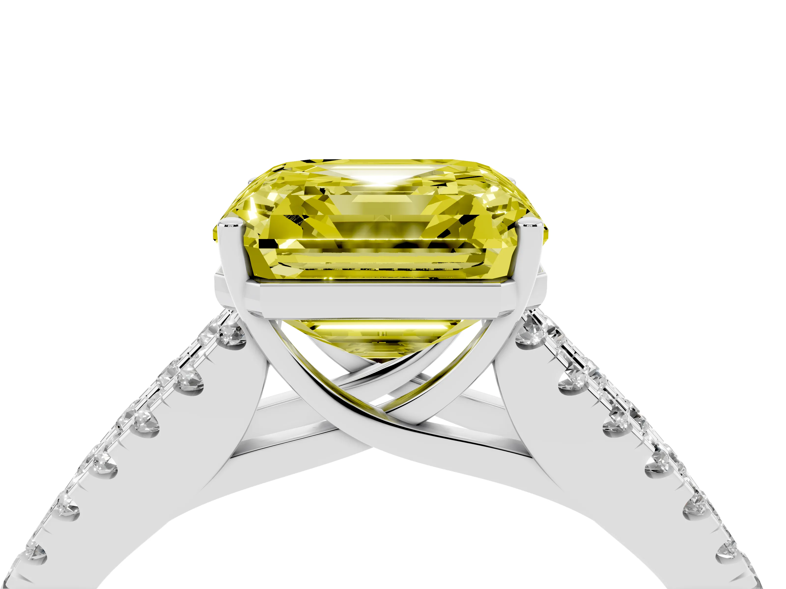 Fancy Yellow Asscher Cut Diamond Split Shank Pavé Engagement Ring Set in White gold with Prong-Held Center Stone