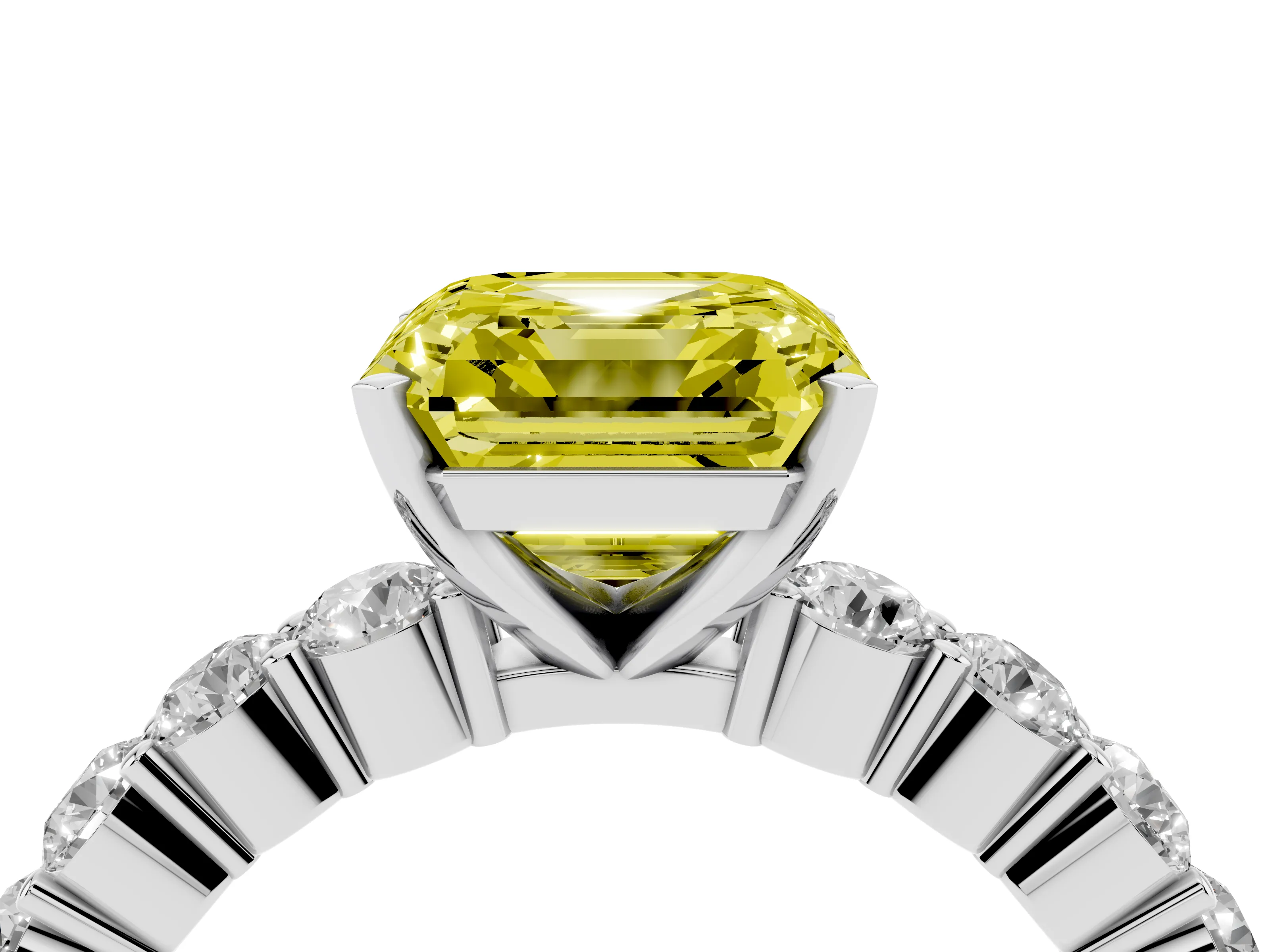 Fancy Yellow Asscher Cut Diamond Solitaire Ring Set in White gold with Shared Prong Round Side Stones
