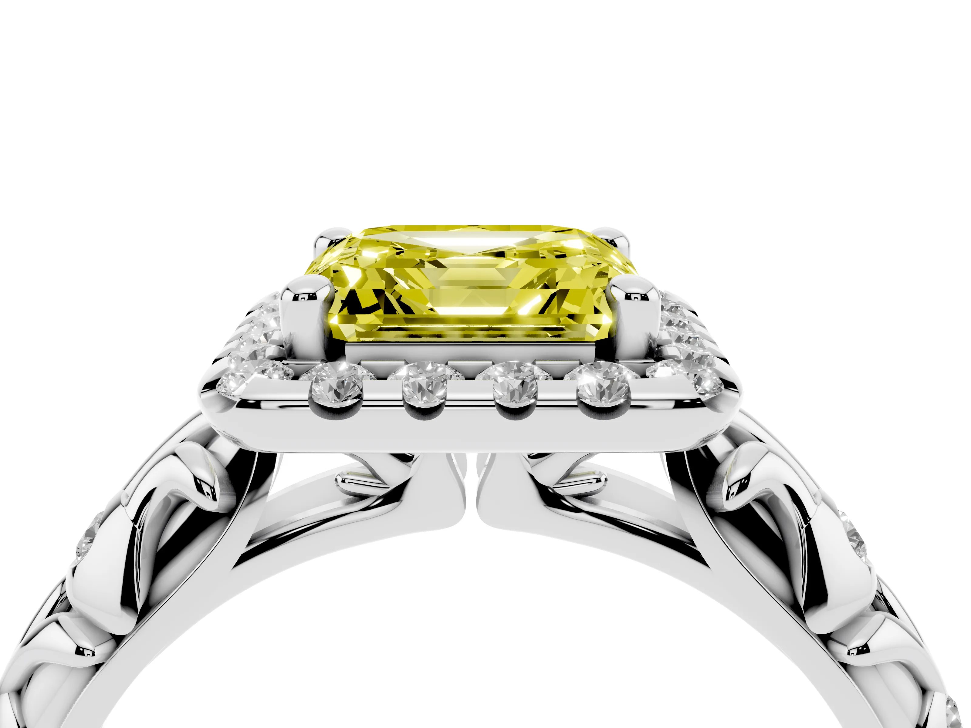 Fancy Yellow Asscher Cut Diamond Halo Ring Set in Platinum with Filigree Leaf Band and Prong Setting