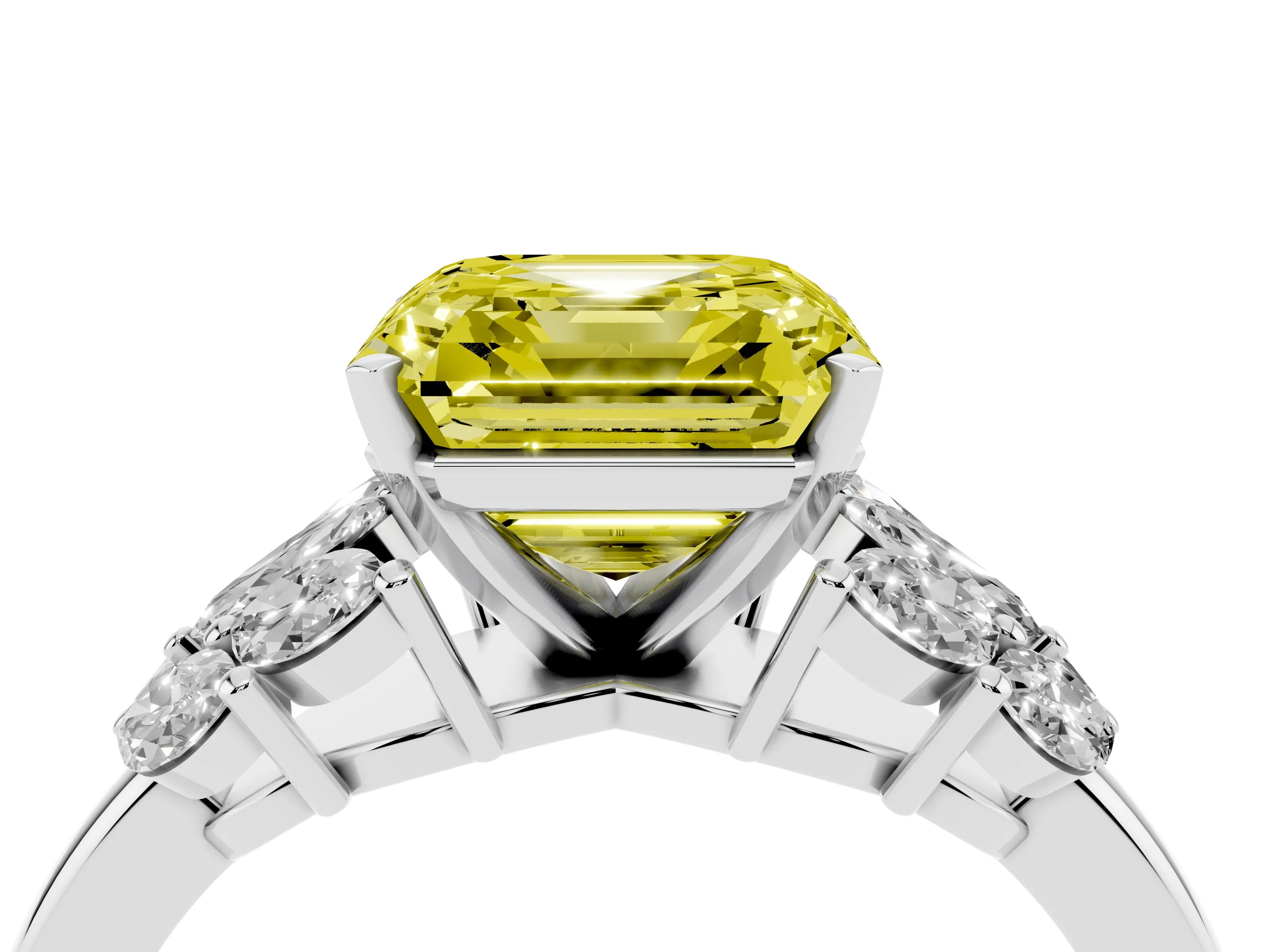 Fancy Yellow Asscher Cut Diamond Cluster Leaf Design Ring Set in White gold with Prong Setting