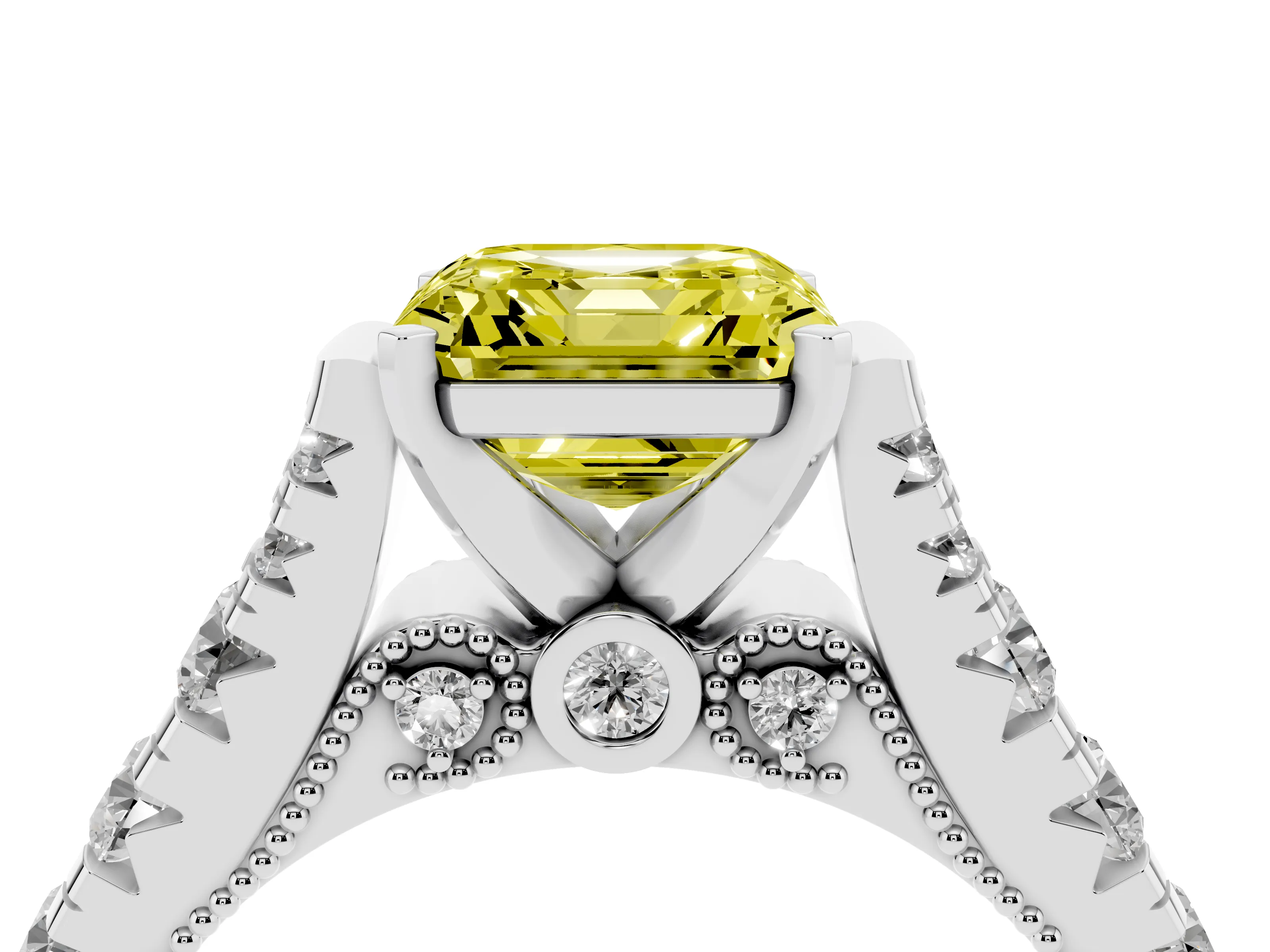 Fancy Yellow Asscher Cut Diamond Classic Solitaire Ring Set in White gold with Pavé Band and Prong Setting
