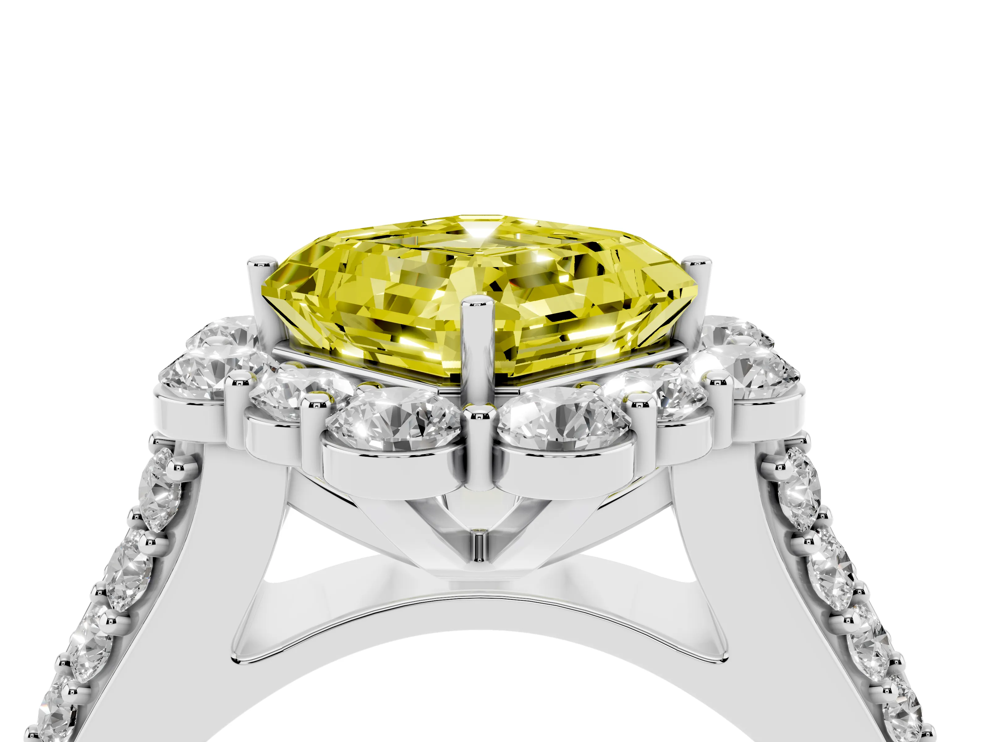 Fancy Yellow Asscher Cut Diamond Halo Engagement Ring Set in Silver with Split Shank and Prong Setting