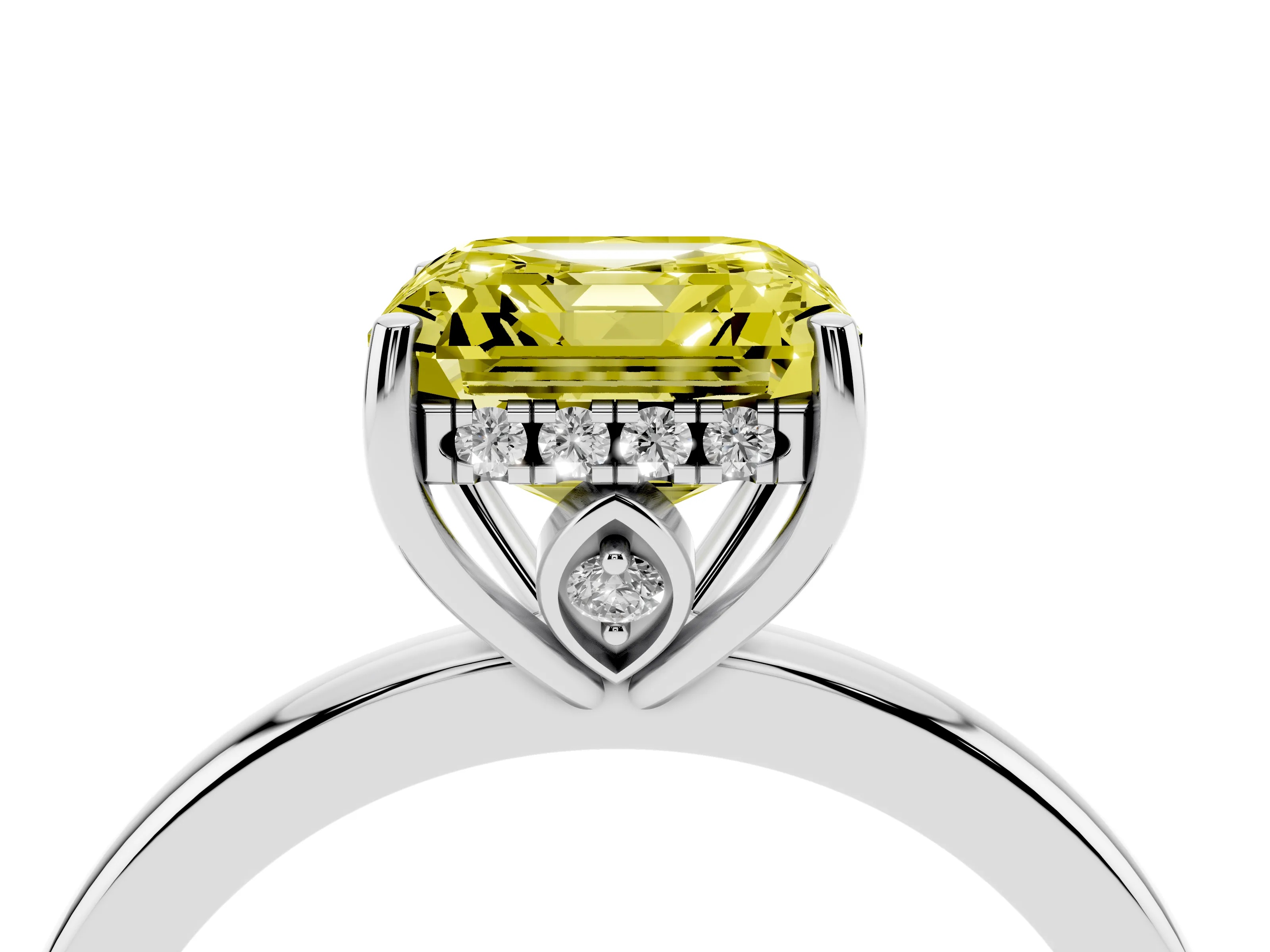 Fancy Yellow Asscher Cut Diamond Solitaire Ring Set in Platinum with Plain Band and Prong Setting