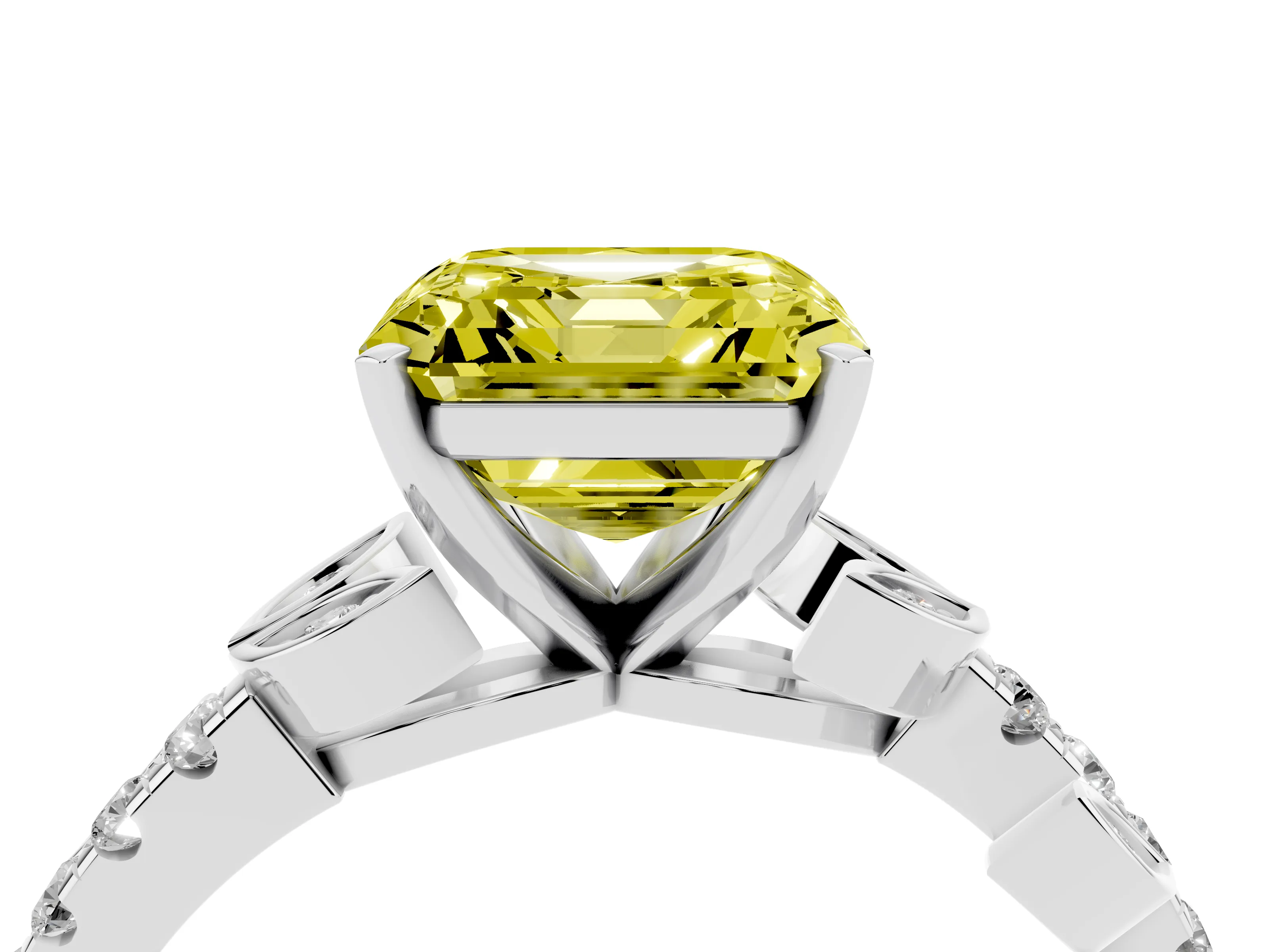 Fancy Yellow Asscher Cut Diamond Solitaire Leaf-Inspired Ring Set in Silver with Pavé Band and Prong Setting