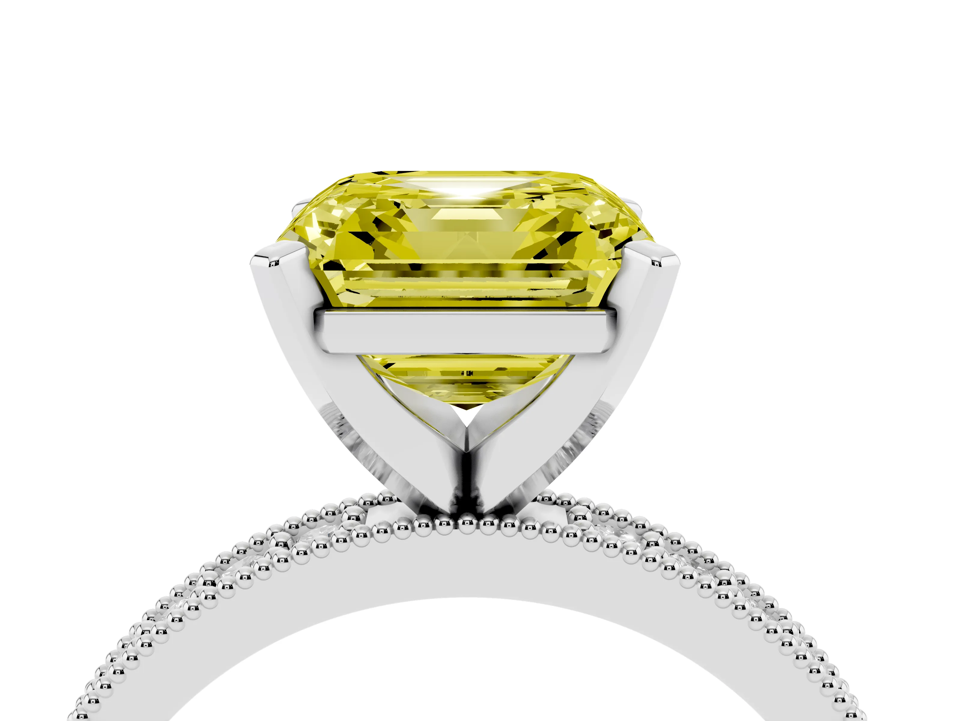 Fancy Yellow Asscher Cut Diamond Milgrain Pavé Engagement Ring Set in Silver with Prong Setting