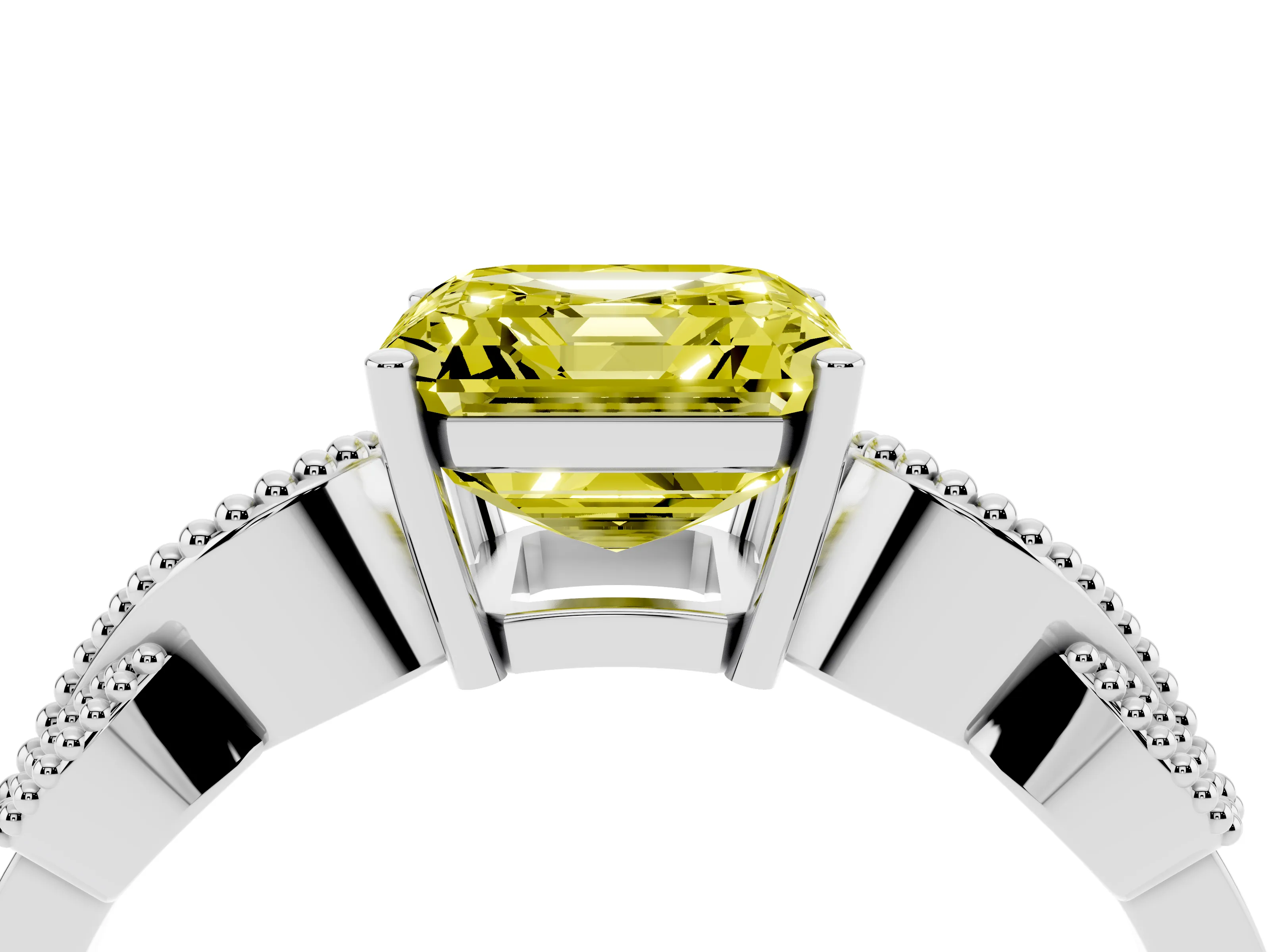 Fancy Yellow Asscher Cut Diamond Milgrain Leaf Band Solitaire Ring Set in White gold with Accent Stones and Prong Setting