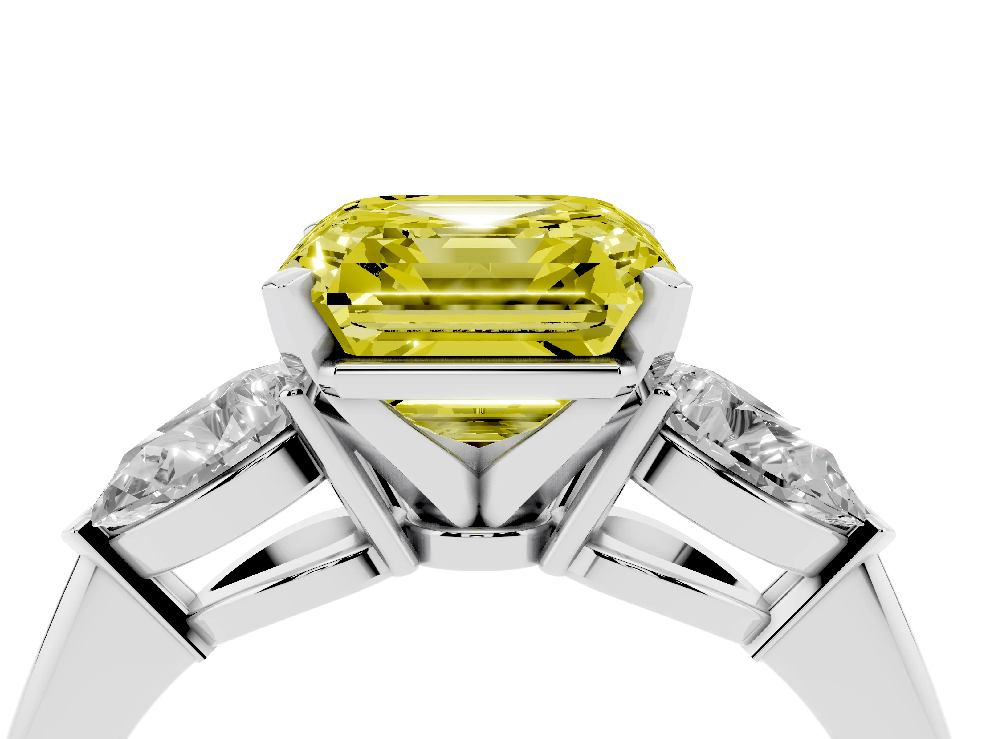 Fancy Yellow Three-Stone Asscher Cut Diamond Ring Set in White gold with Pear Side Stones and Prong Setting