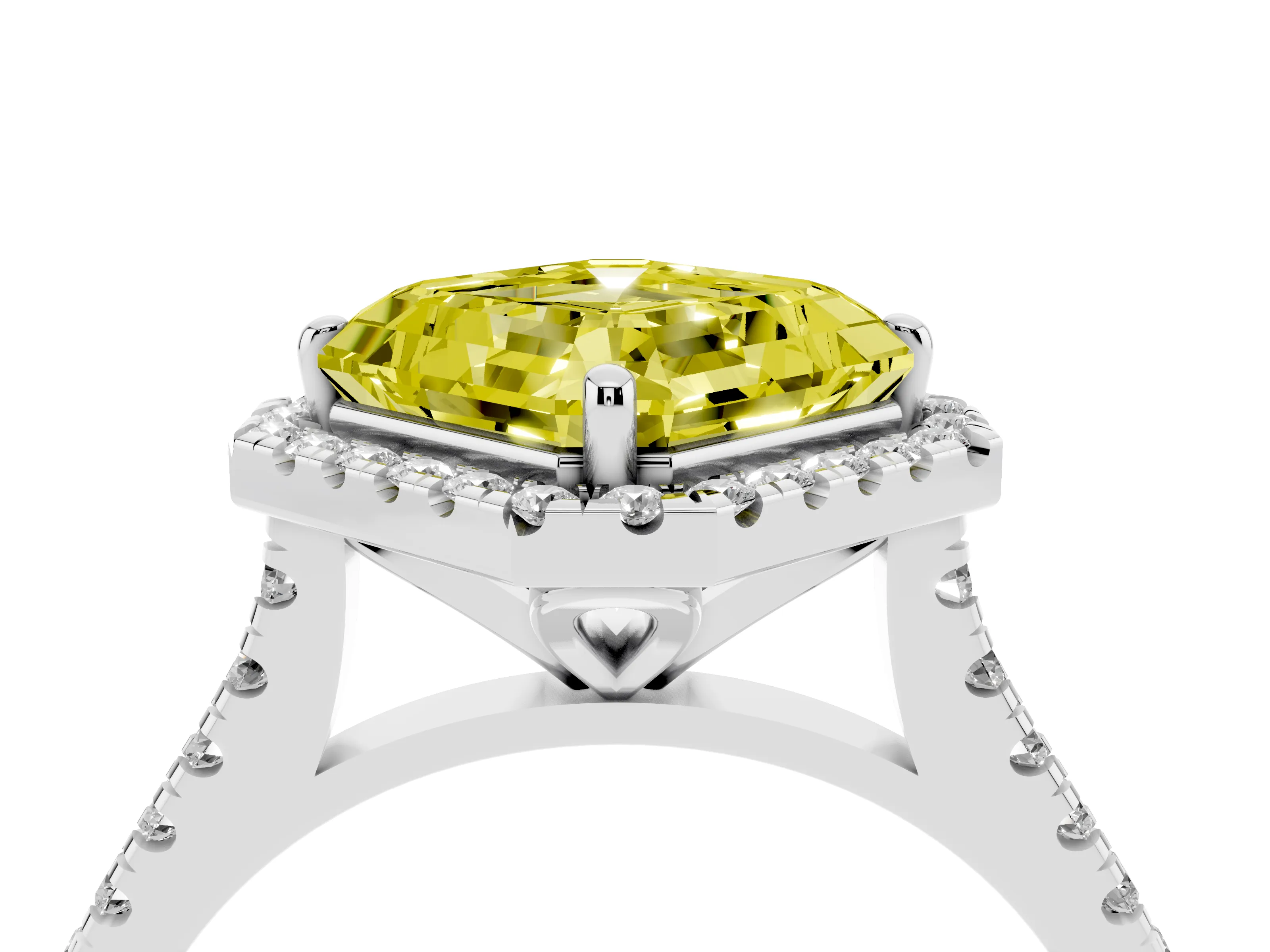 Fancy Yellow Asscher Cut Diamond Cushion Halo Ring Set in Platinum with Pavé Band