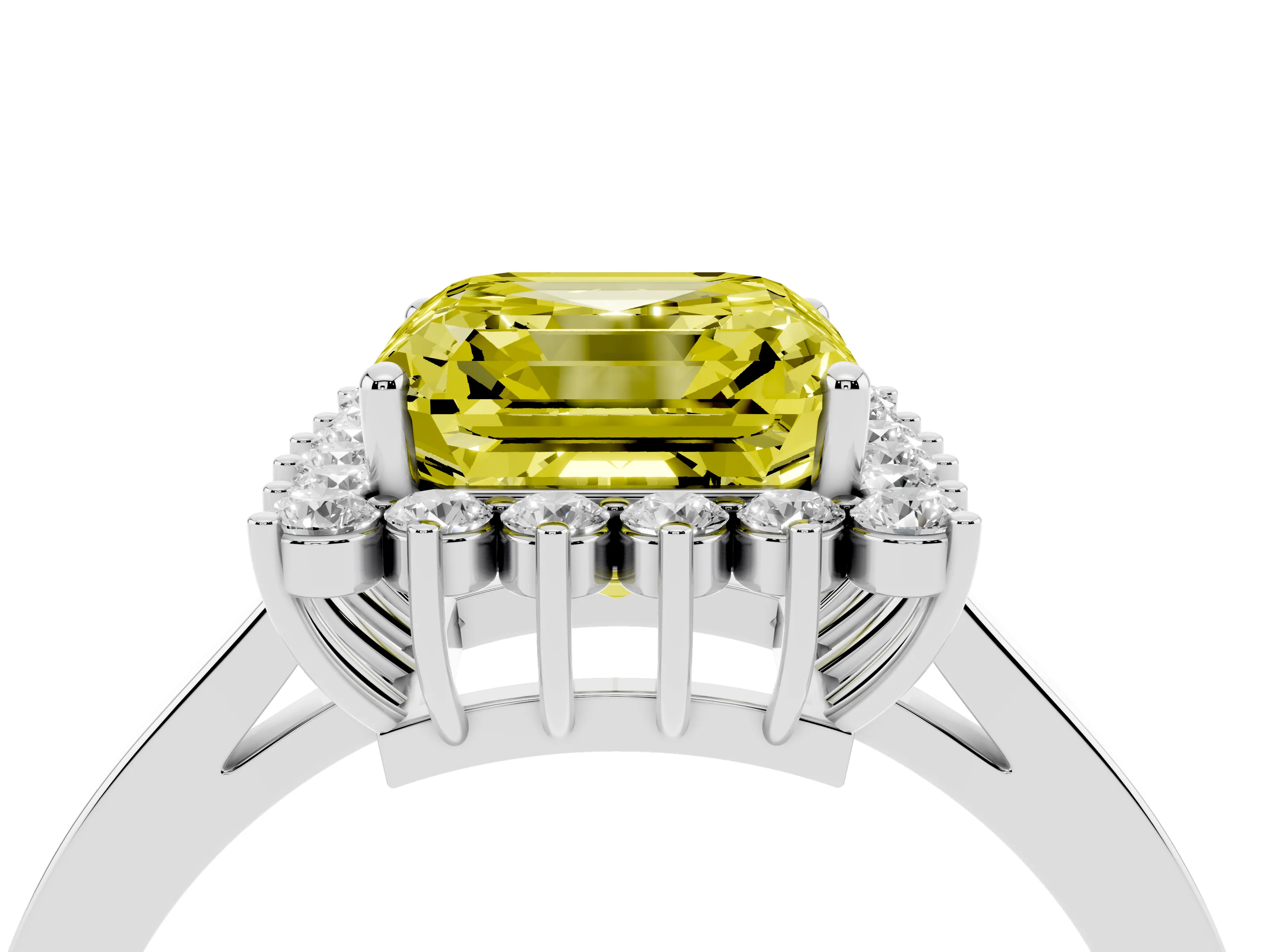 Fancy Yellow Asscher Cut Diamond Halo Ring Set in White gold with Round Halo and Smooth Solitaire Band