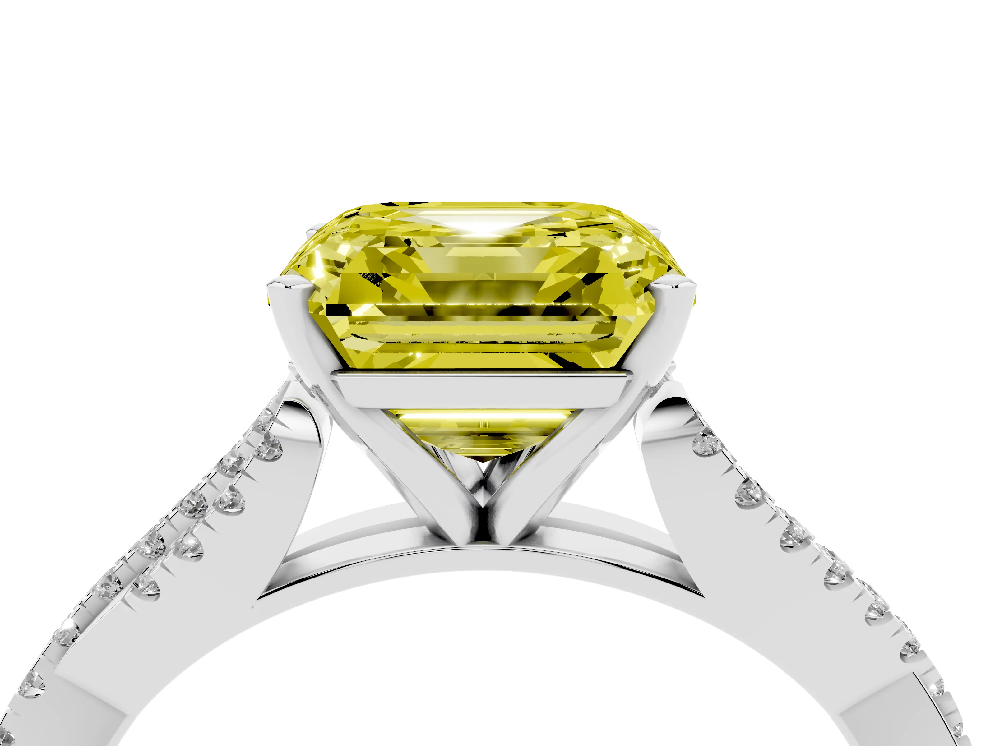 Fancy Yellow Asscher Cut Diamond Solitaire Engagement Ring Set in White gold with Twisted Pavé Band and Prong Setting