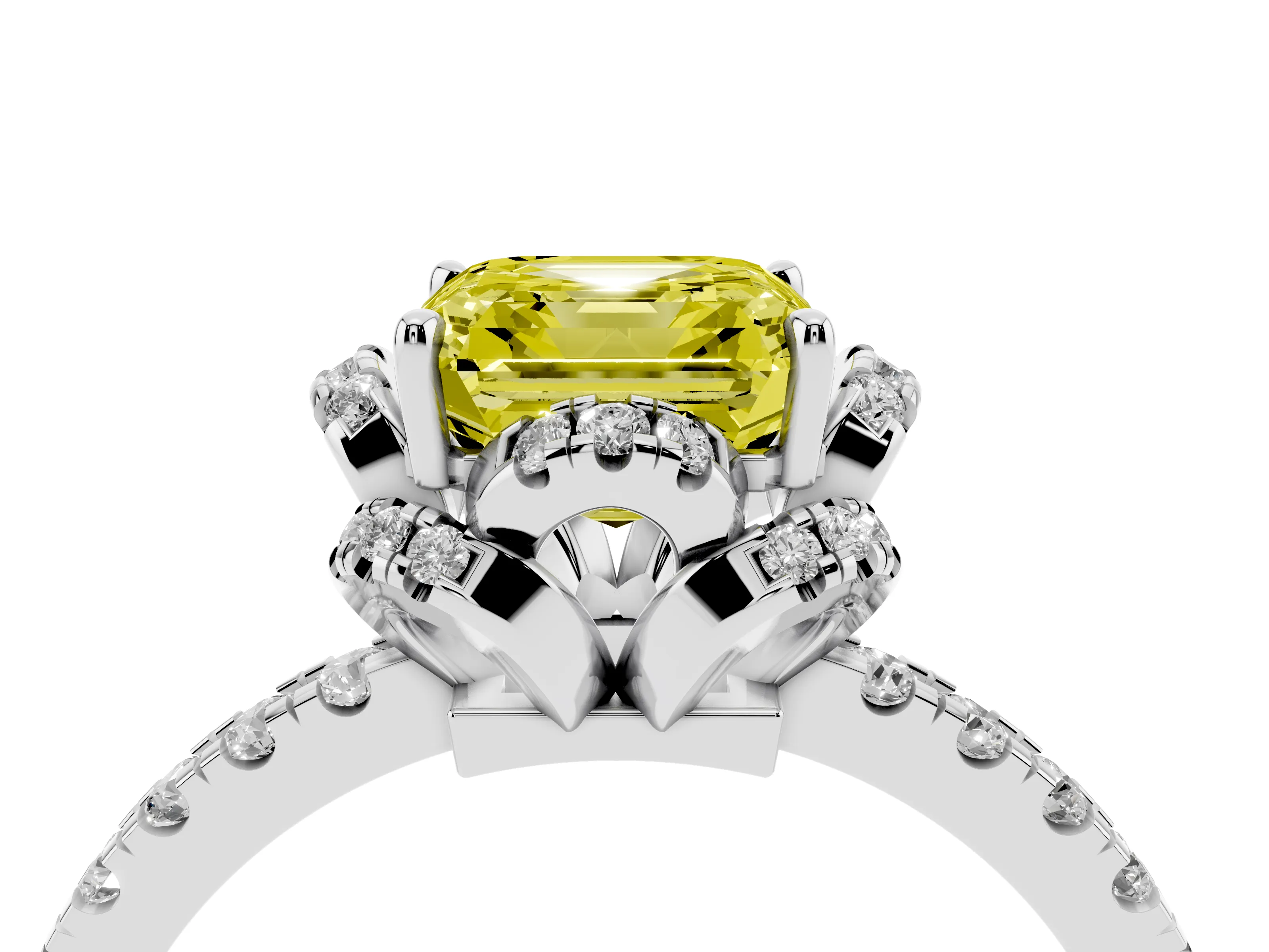 Fancy Yellow Asscher Cut Diamond Halo Pavé Band Ring Set in White gold with Prong-Held Center