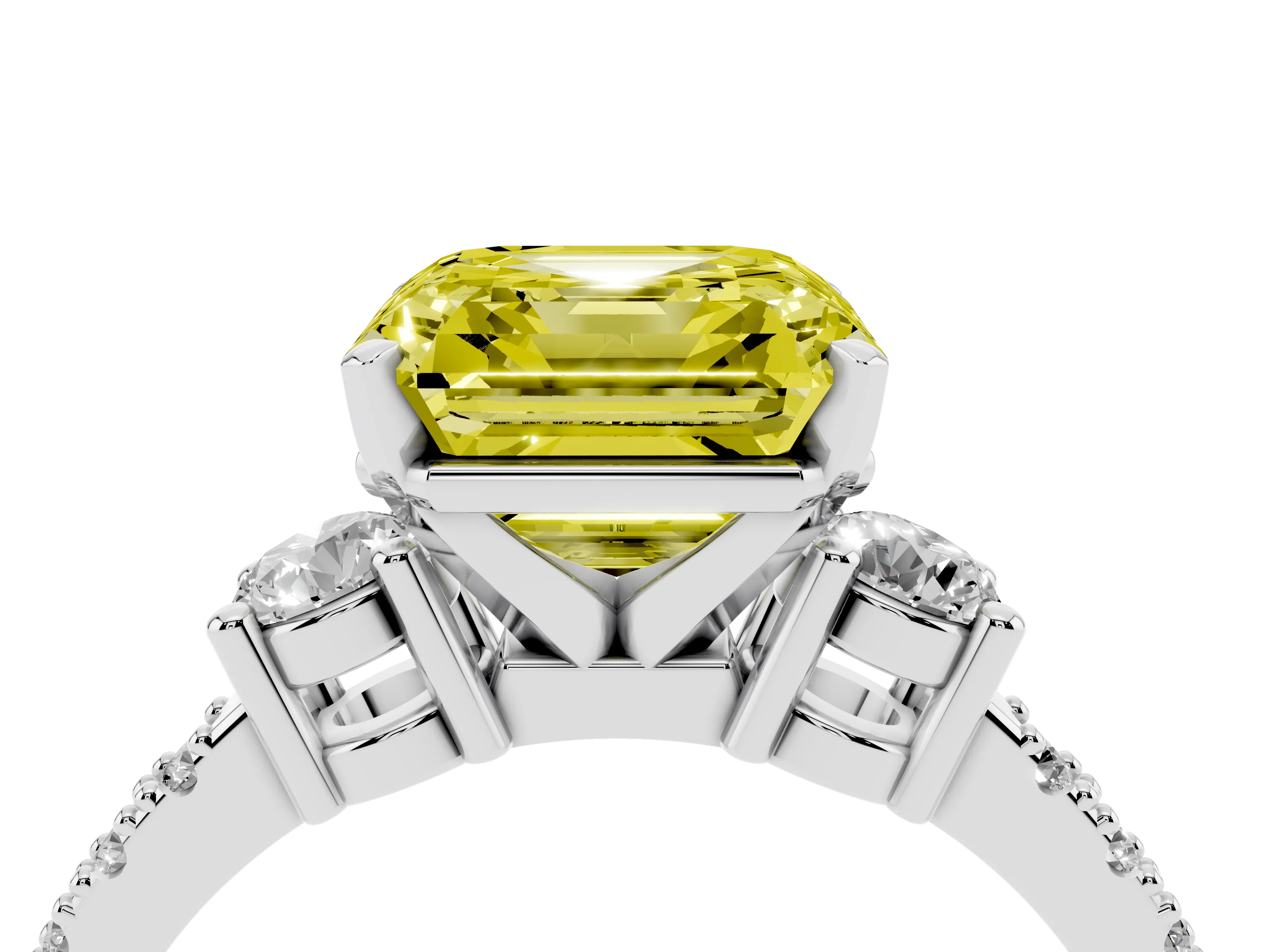 Fancy Yellow Three-Stone Asscher Cut Diamond Pavé Band Ring Set in Silver with Prong Setting