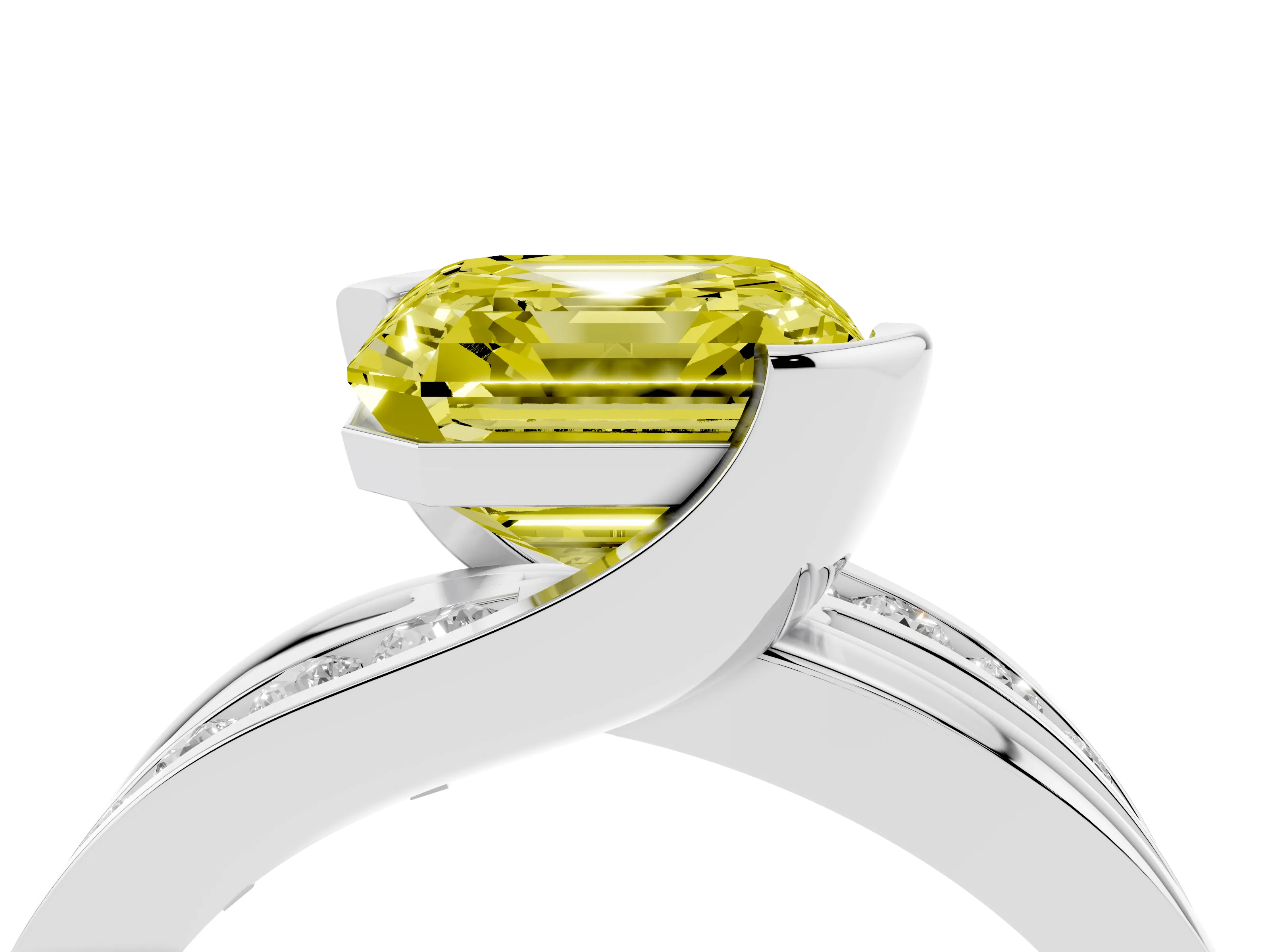 Fancy Yellow Asscher Cut Diamond Solitaire Ring Set in Platinum with Channel Set Split Shank and Tension Prongs