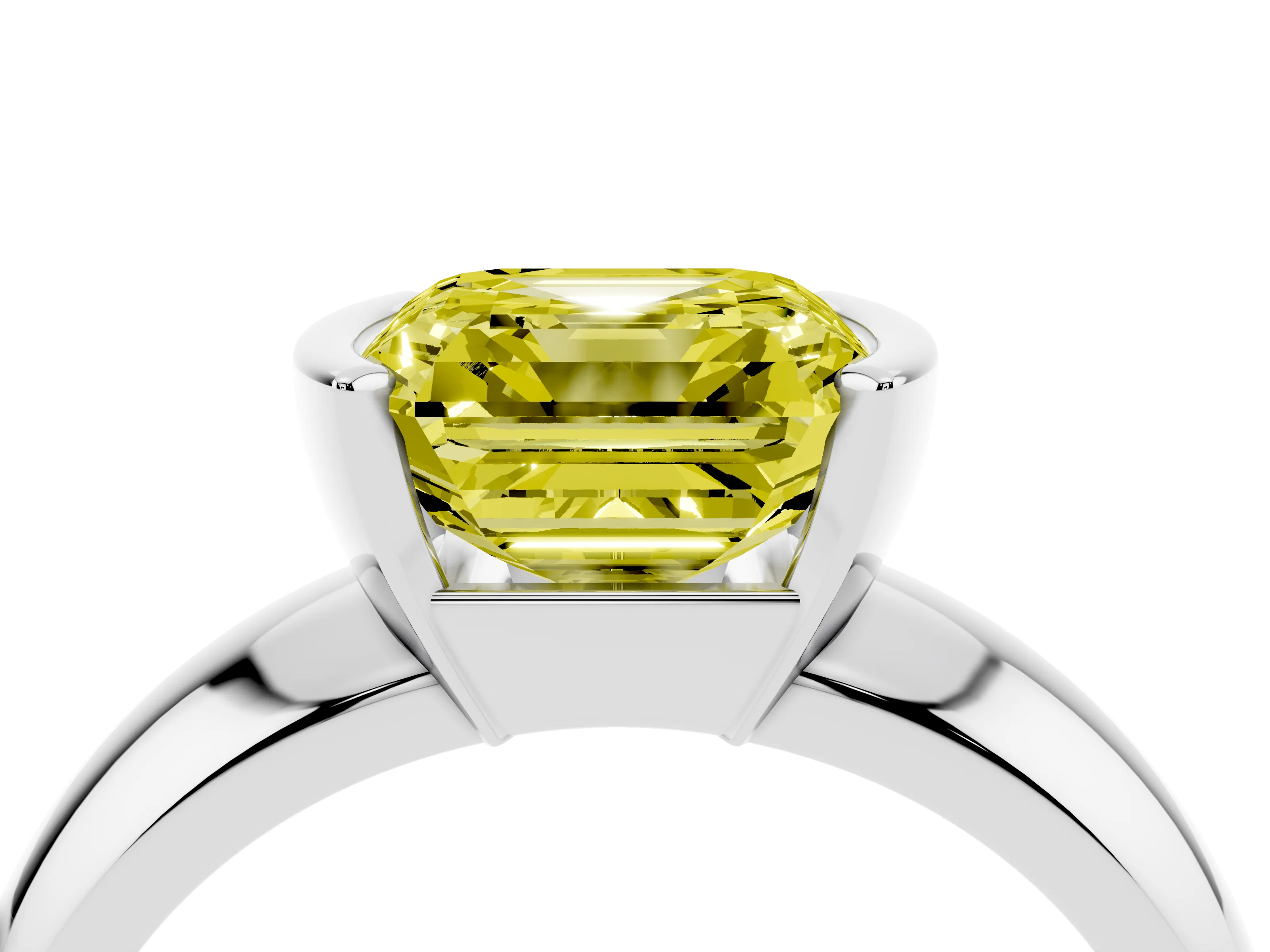 Fancy Yellow Asscher Cut Diamond Solitaire Tension Set Ring Set in Silver with Wide Band