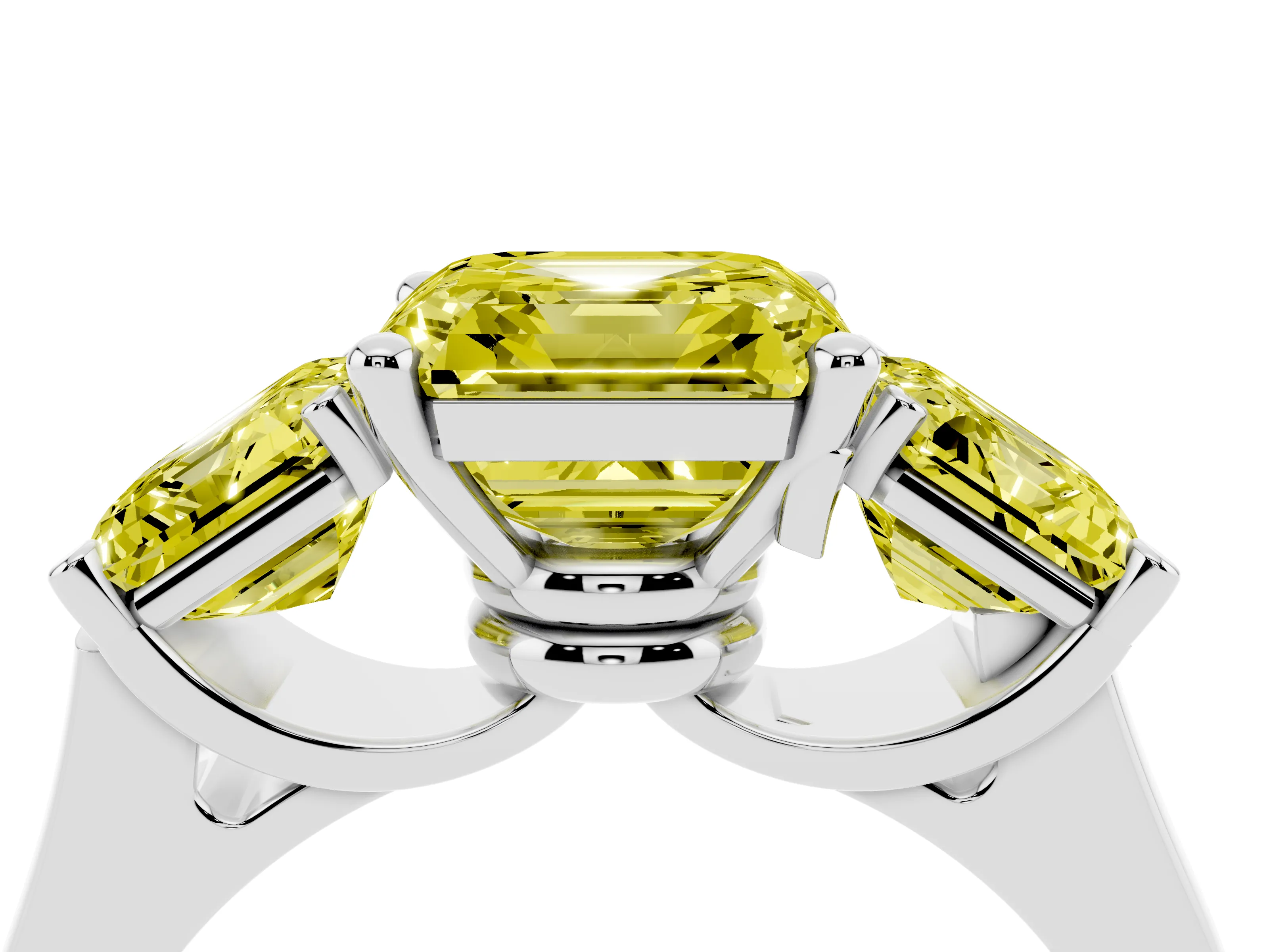 Fancy Yellow Asscher Cut Diamond Three-Stone Trellis Ring Set in Platinum with Comfort Fit Band