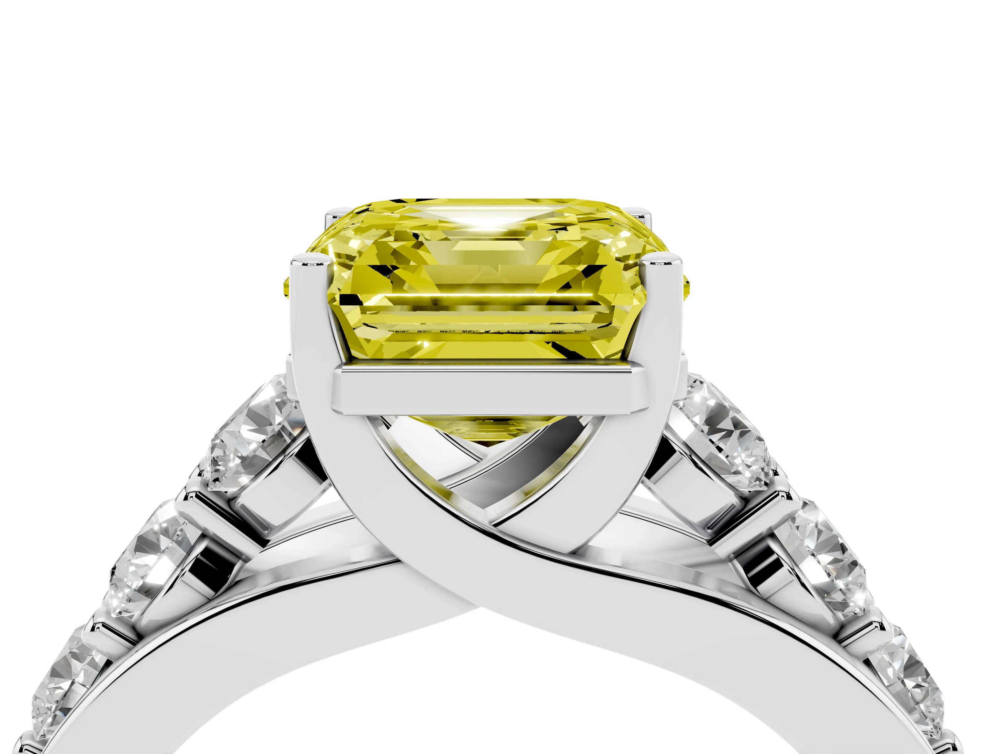 Fancy Yellow Asscher Cut Diamond Pavé Engagement Ring Set in Platinum with Prong Setting