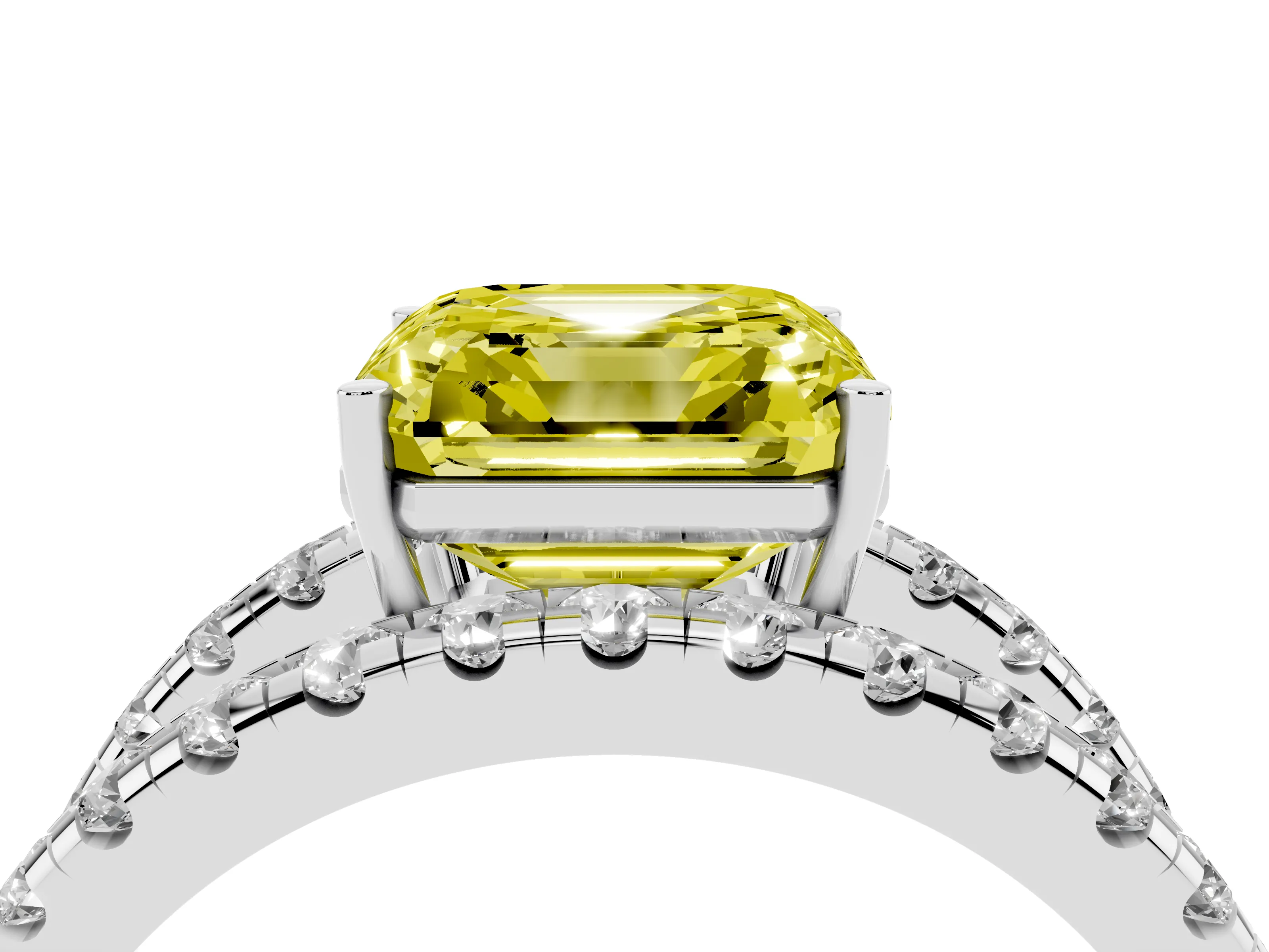 Fancy Yellow Asscher Cut Diamond Split Shank Pavé Solitaire Ring Set in Platinum with Open Shank Design
