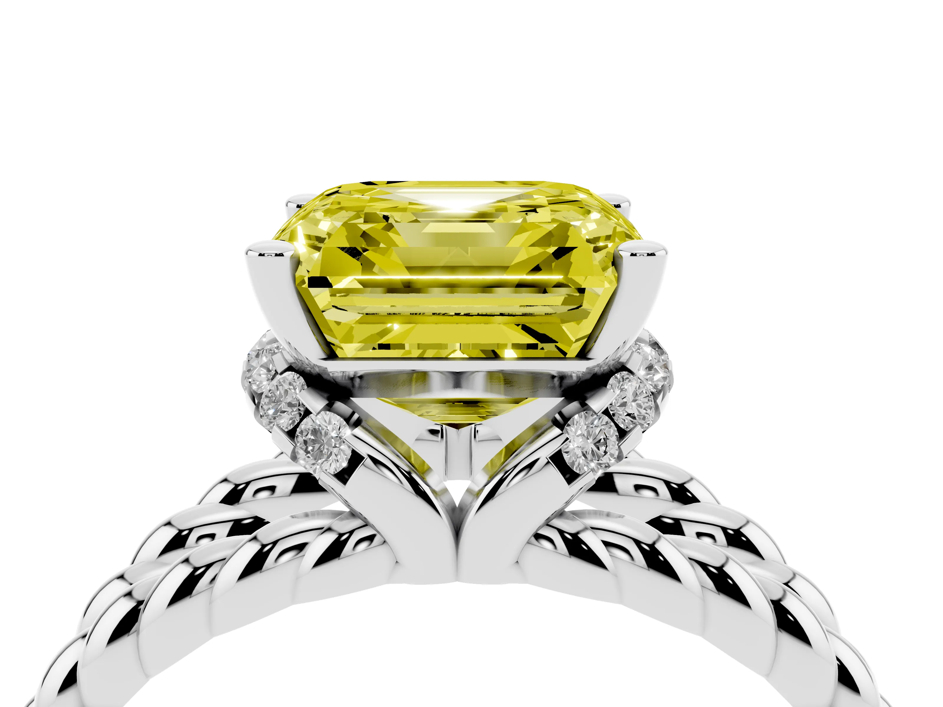 Fancy Yellow Asscher Cut Diamond Halo Ring Set in White gold with Twisted Band and Prong Setting