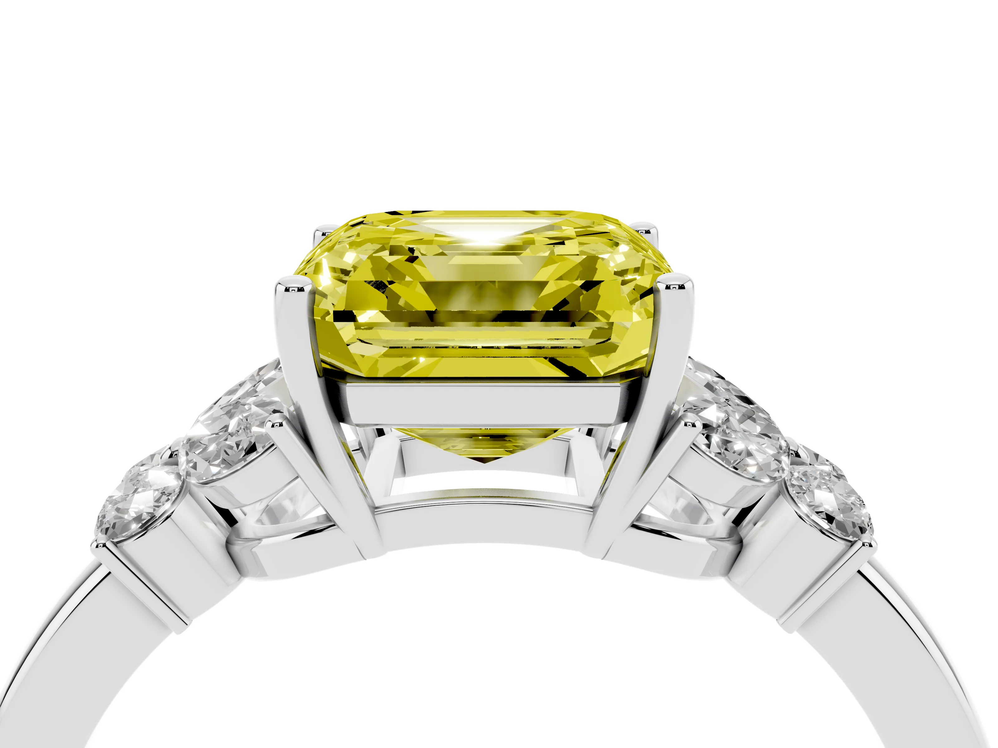Fancy Yellow Asscher Cut Diamond Solitaire Floral Ring Set in White gold with Marquise Petals and Prong Setting