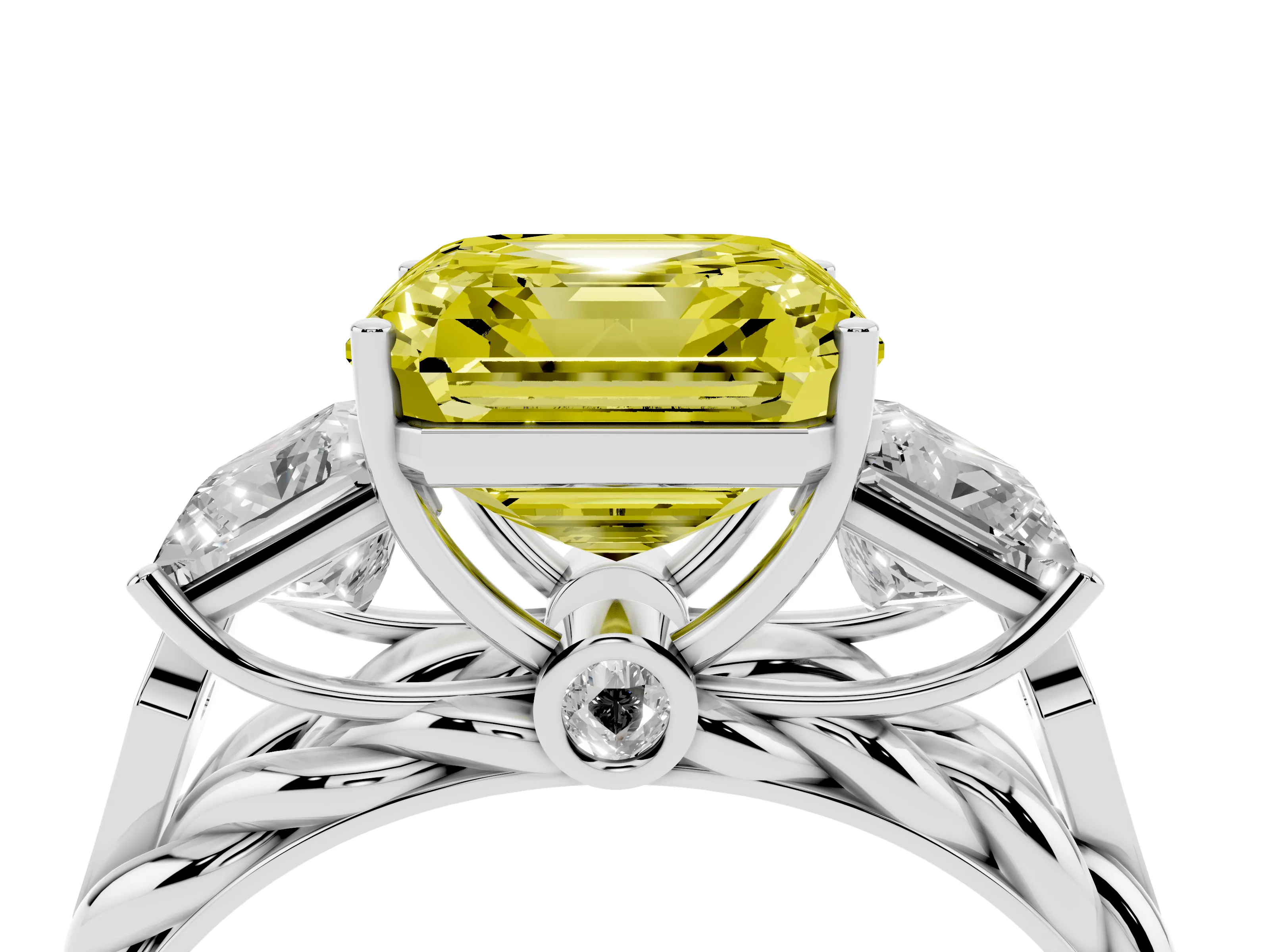 Fancy Yellow Asscher Cut Diamond Three-Stone Ring Set in White gold with Braided Band