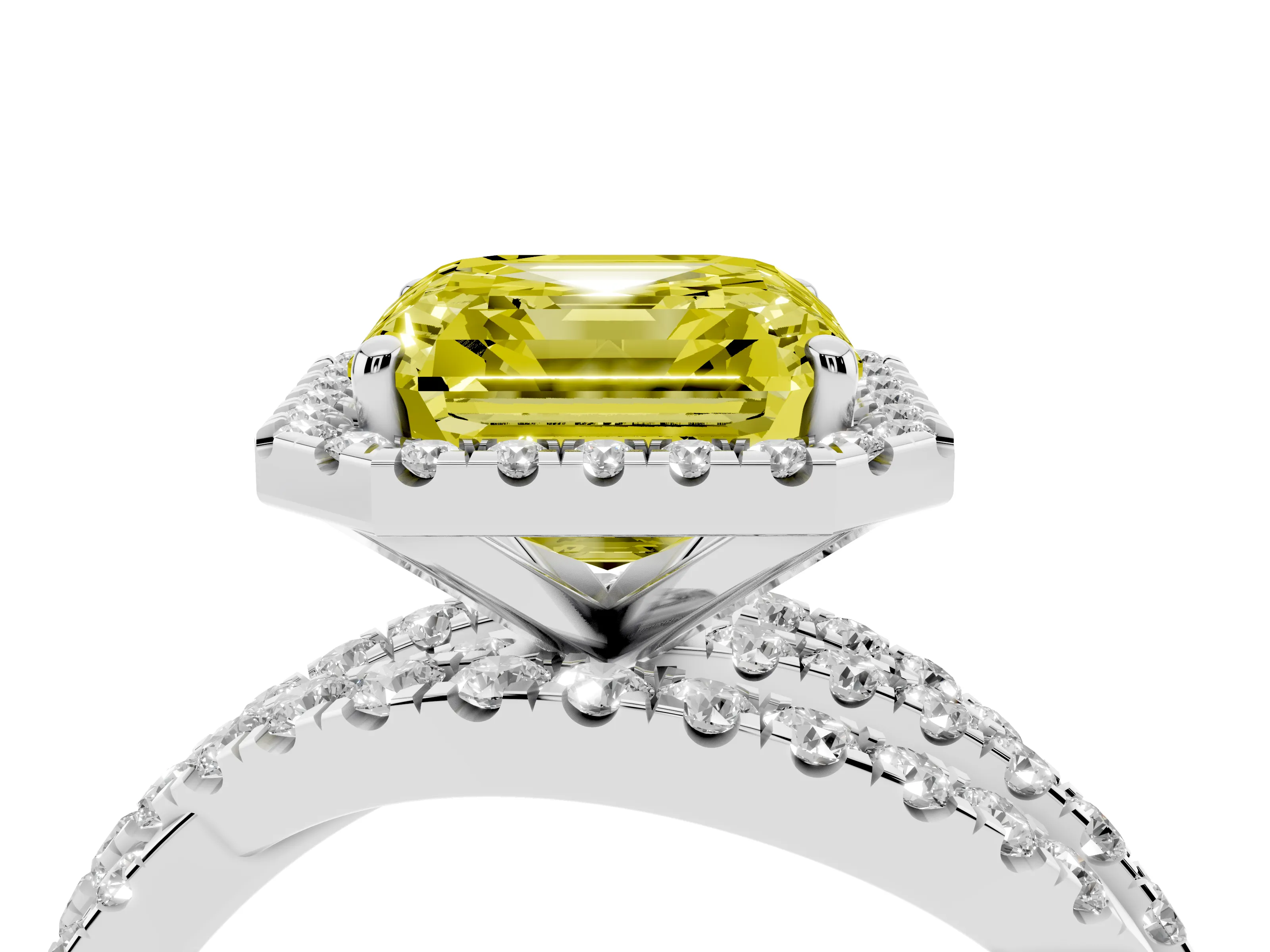 Fancy Yellow Asscher Cut Diamond Halo Ring Set in Platinum with Round Crossover Split Shank and Prong Setting