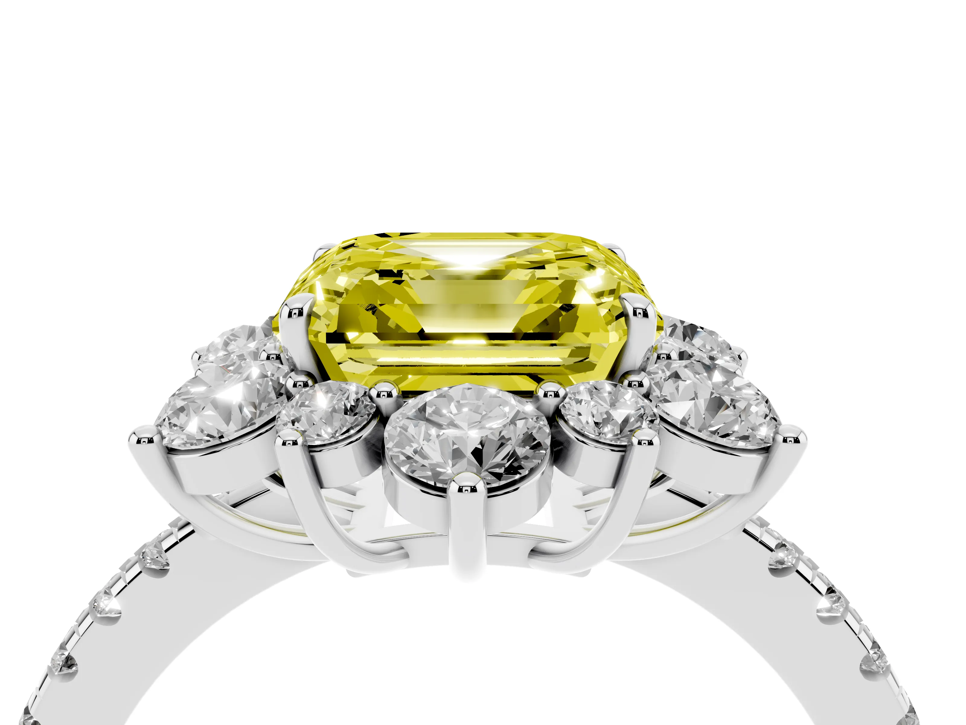 Fancy Yellow Asscher Cut Diamond Floral Halo Ring Set in White gold with Round Pavé Band and Prong Setting