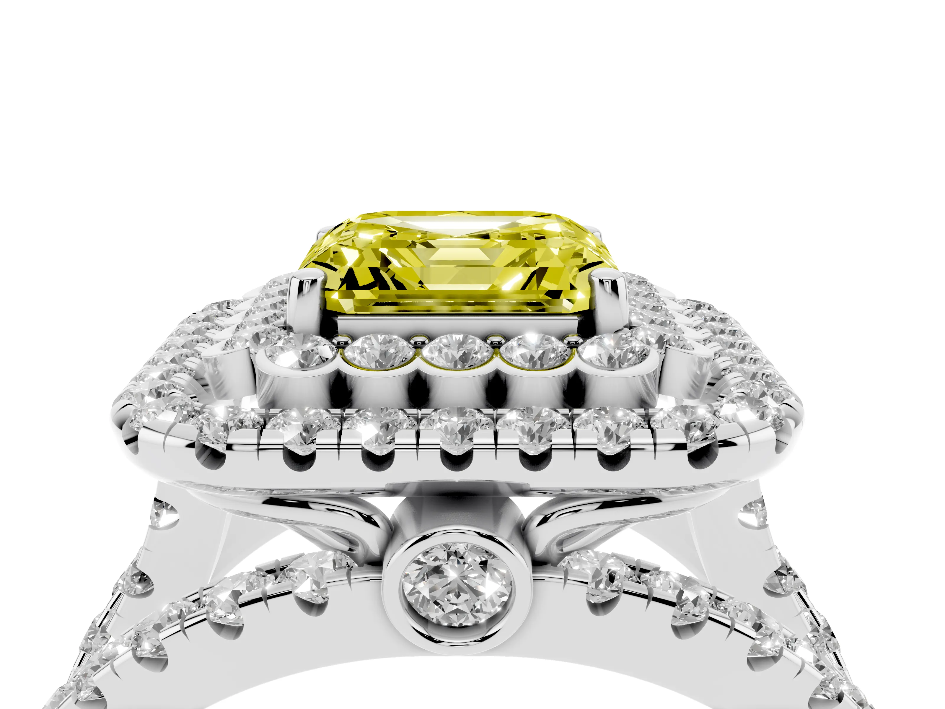 Fancy Yellow Asscher Cut Diamond Double Halo Ring Set in White gold with Round Pavé Split Shank