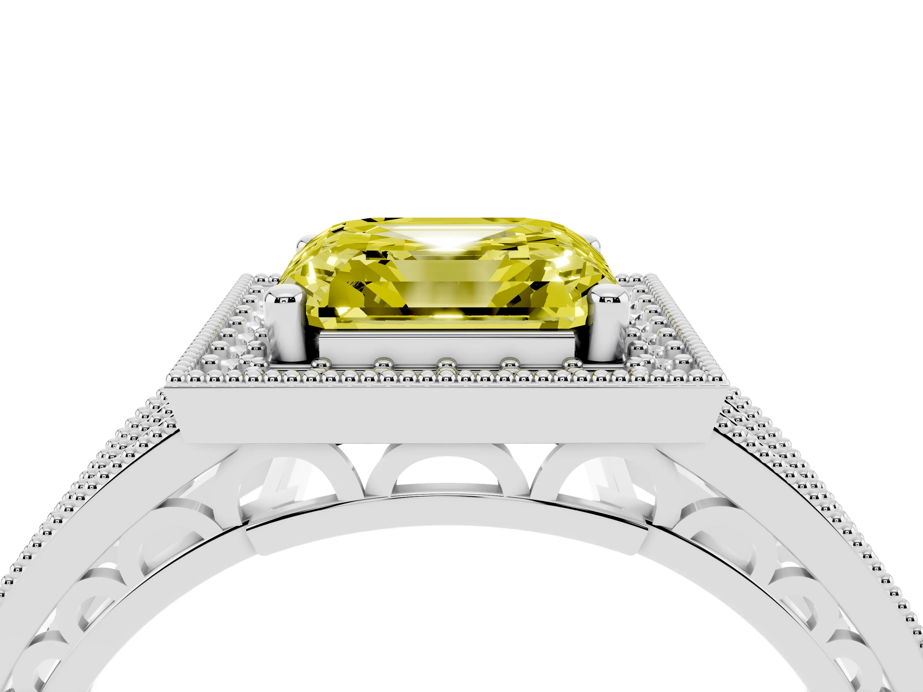 Fancy Yellow Asscher Cut Diamond Halo Ring Set in White gold with Accent Split Shank and Prong Setting