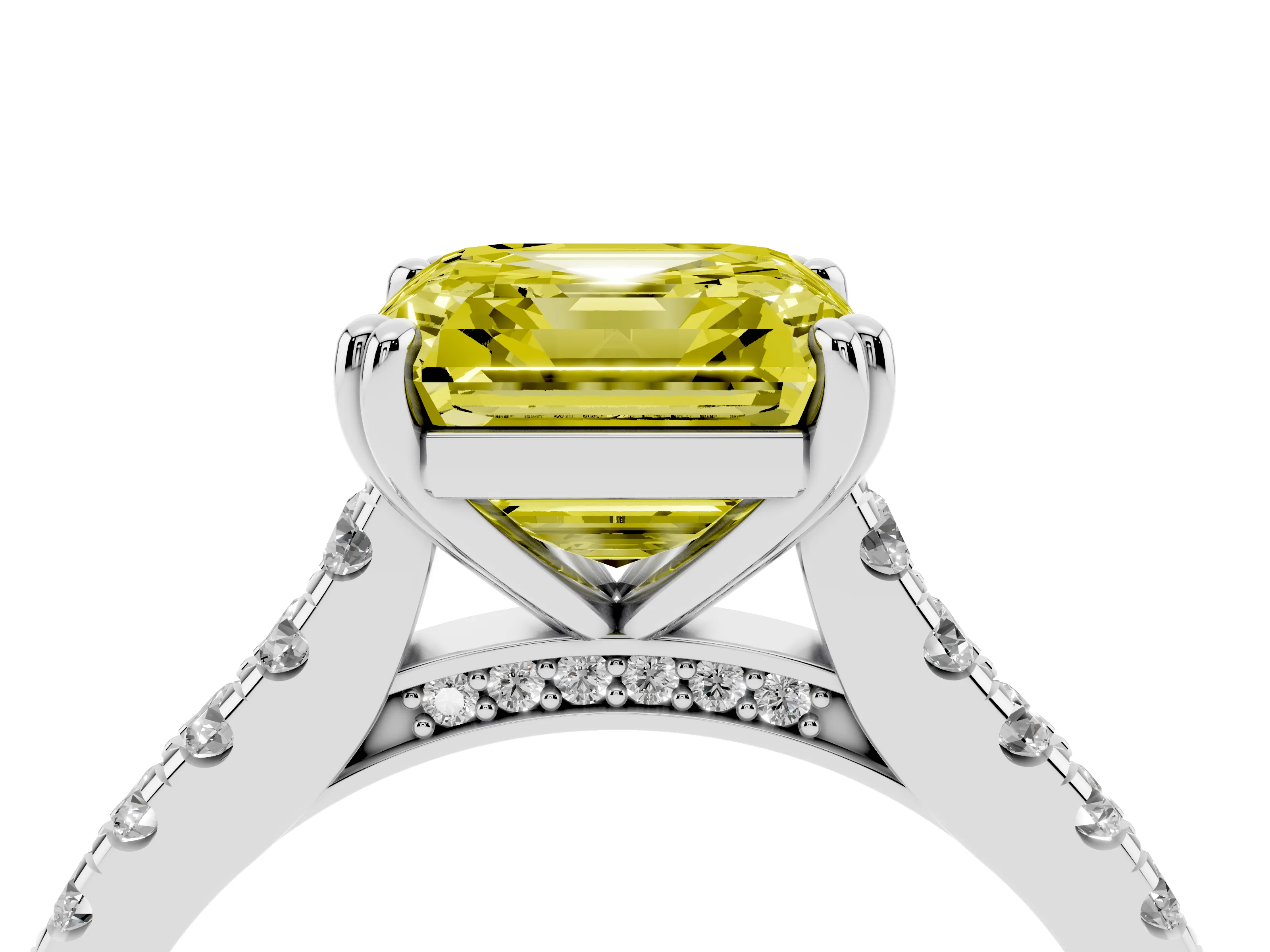 Fancy Yellow Asscher Cut Diamond Solitaire Engagement Ring Set in Platinum with Pavé Accents and Prong Setting