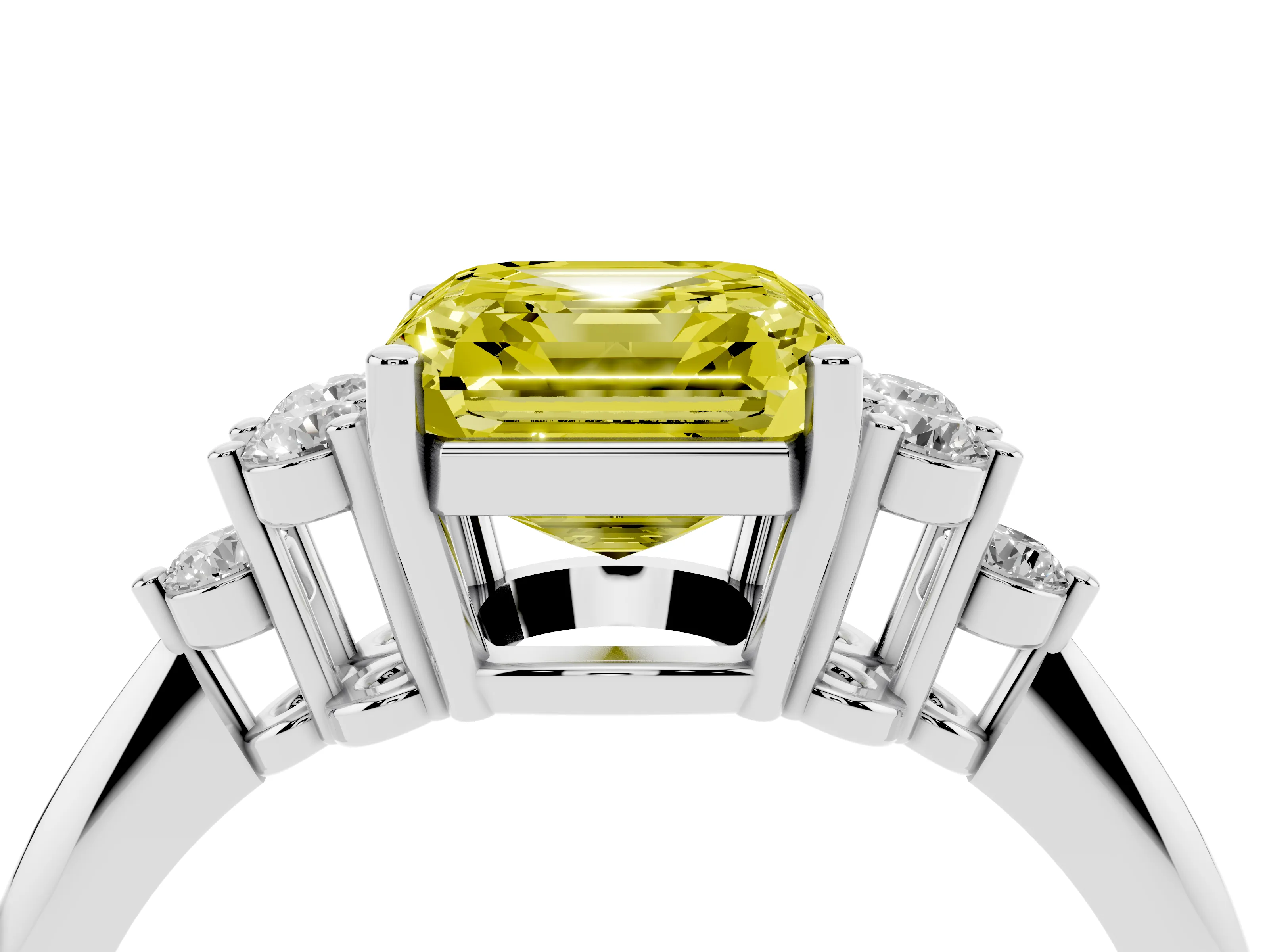 Fancy Yellow Asscher Cut Diamond Cluster Ring Set in White gold with Plain Band and Prong Setting