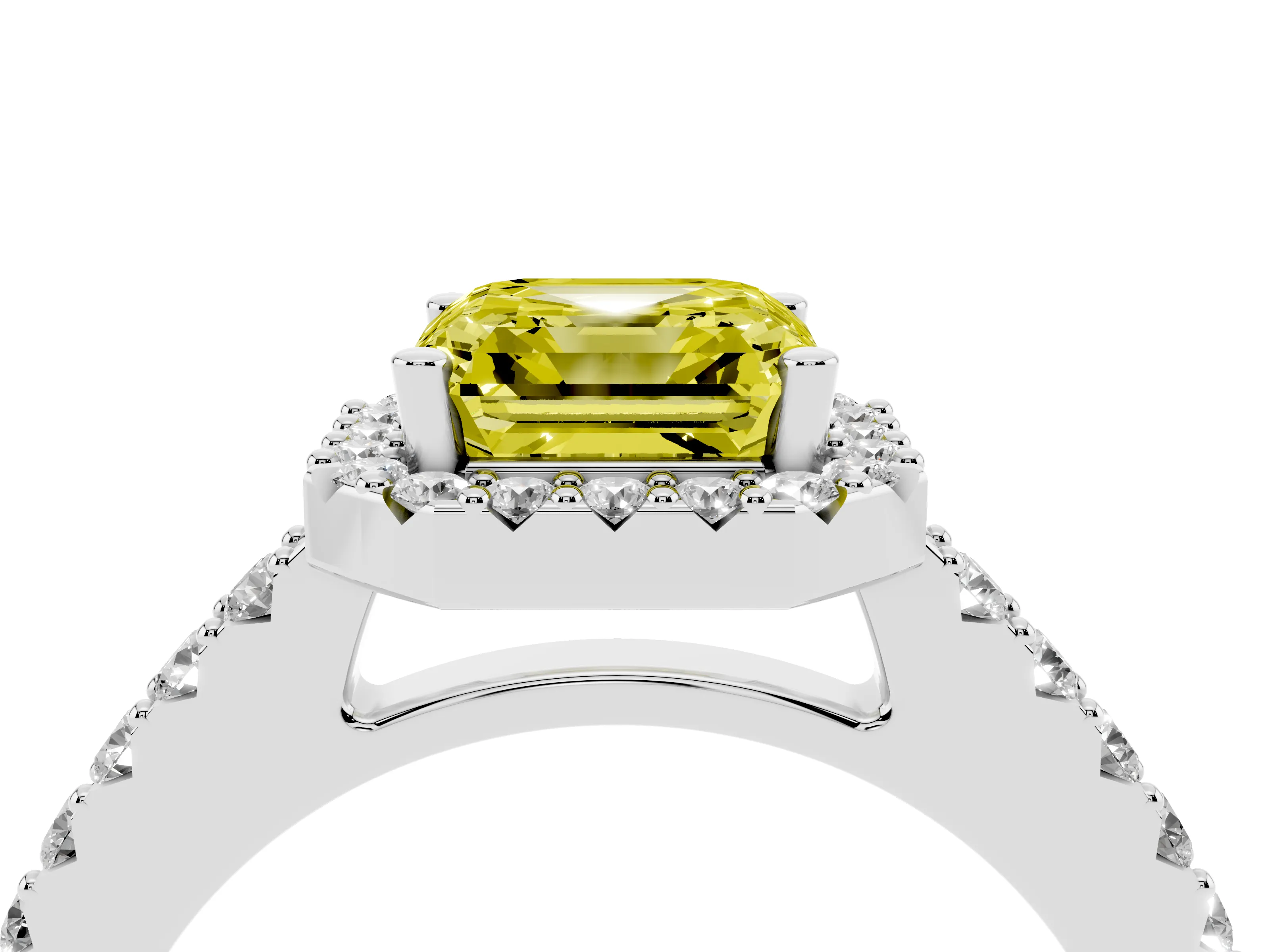 Fancy Yellow Asscher Cut Diamond Halo Pavé Solitaire Ring Set in Platinum with Prong-Set Center Stone