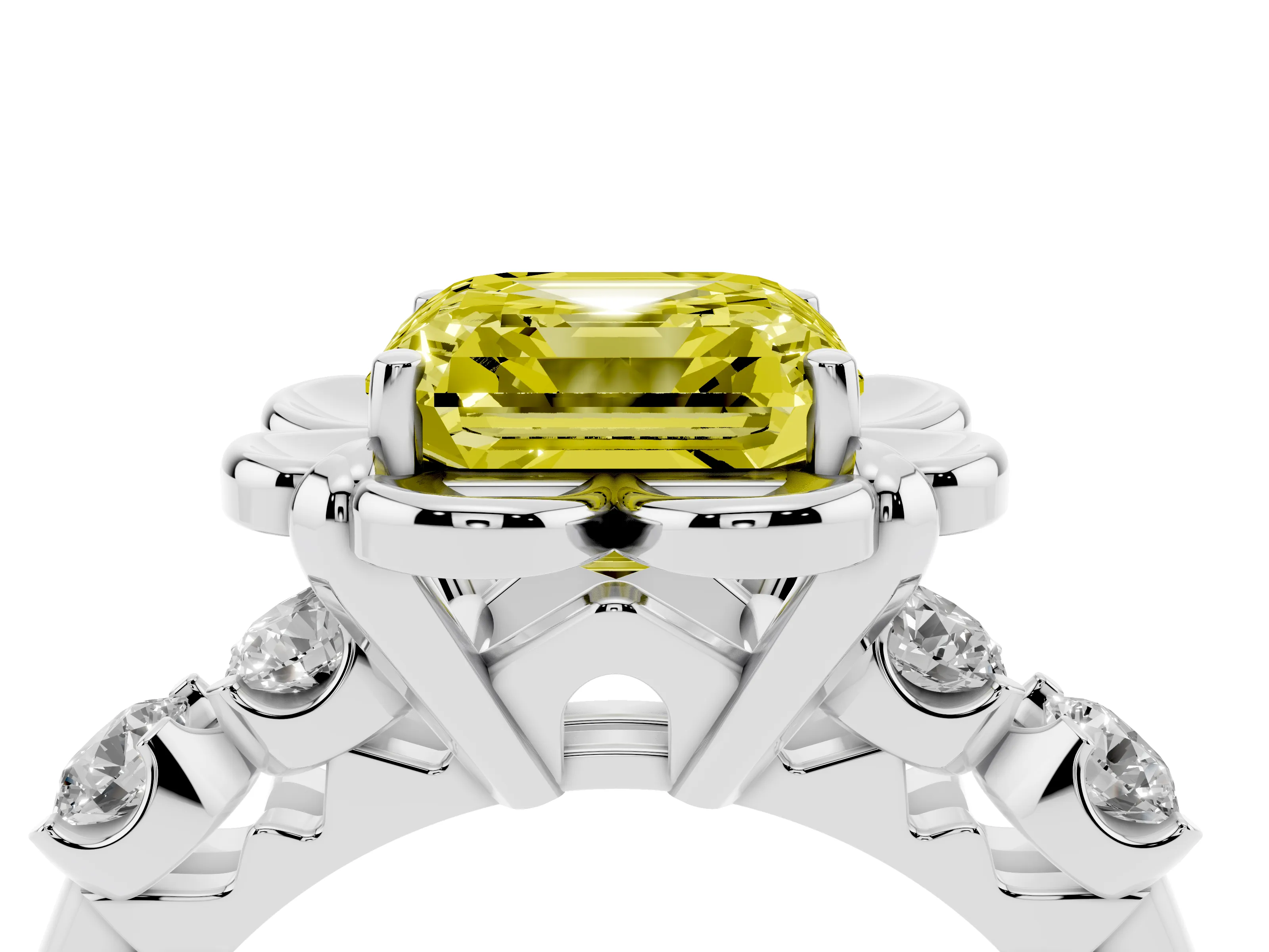 Fancy Yellow Asscher Cut Diamond Floral Halo Ring Set in Platinum with Shared Prong Band