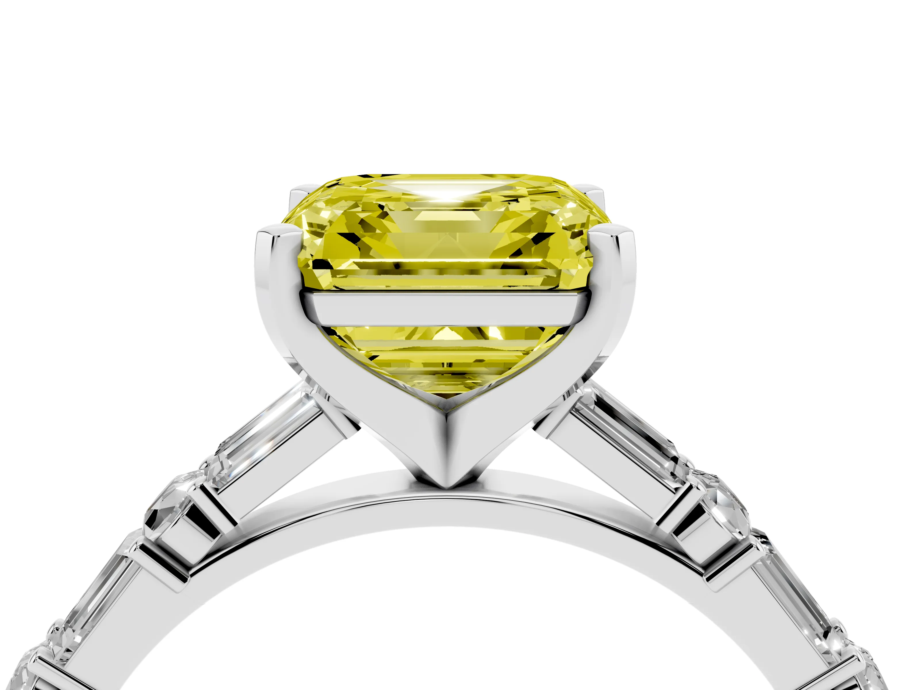Fancy Yellow Asscher Cut Diamond Solitaire Set in Silver with Side Baguettes and Channel Set Band