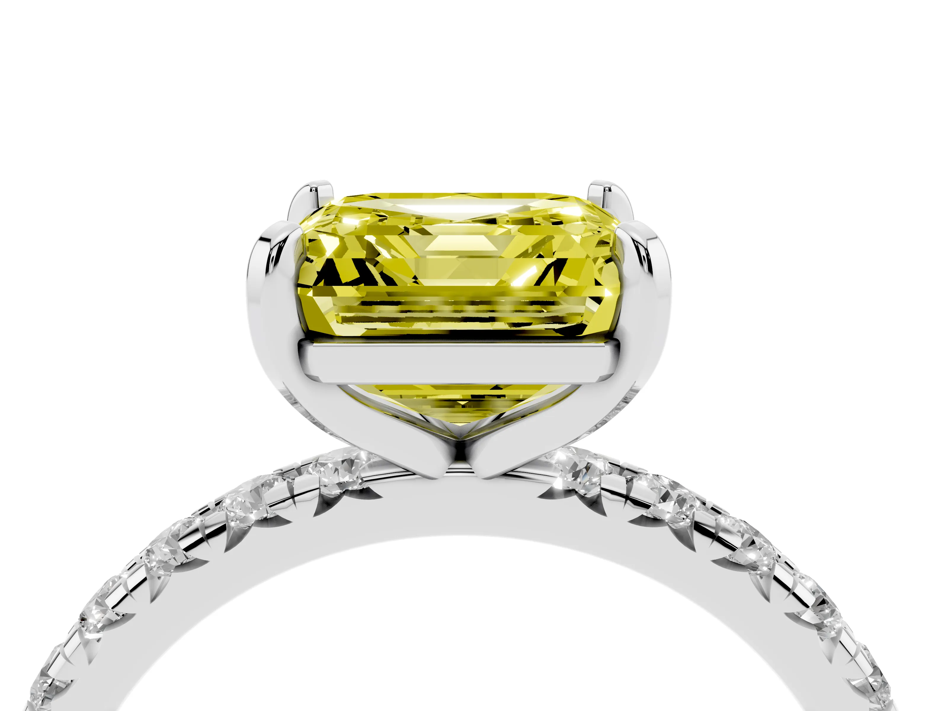 Fancy Yellow Asscher Cut Diamond Pavé Solitaire Ring Set in White gold with Round Band and Prong Setting