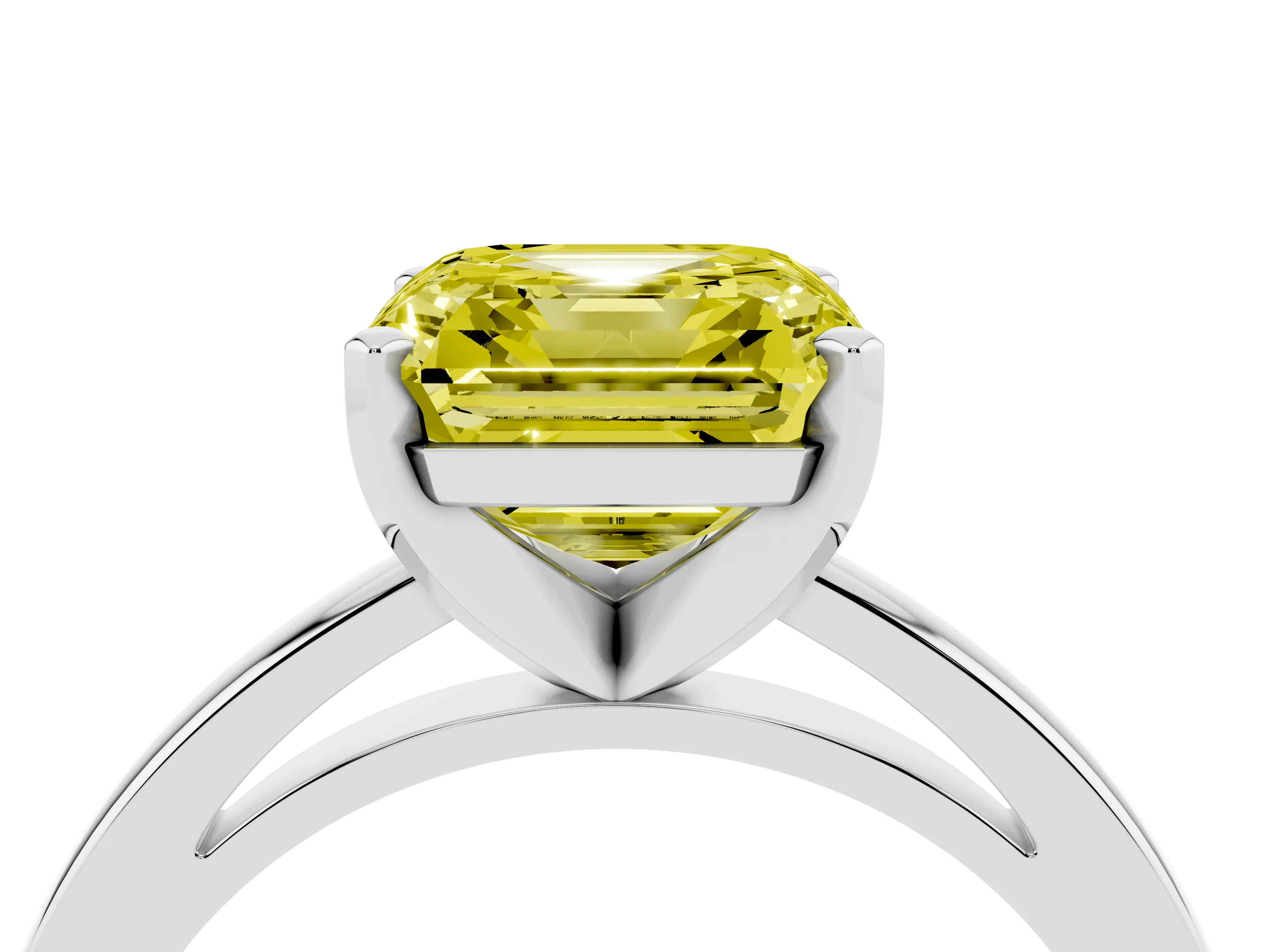 Fancy Yellow Asscher Cut Diamond Solitaire Engagement Ring Set in Platinum with Prong Setting on a Classic Band