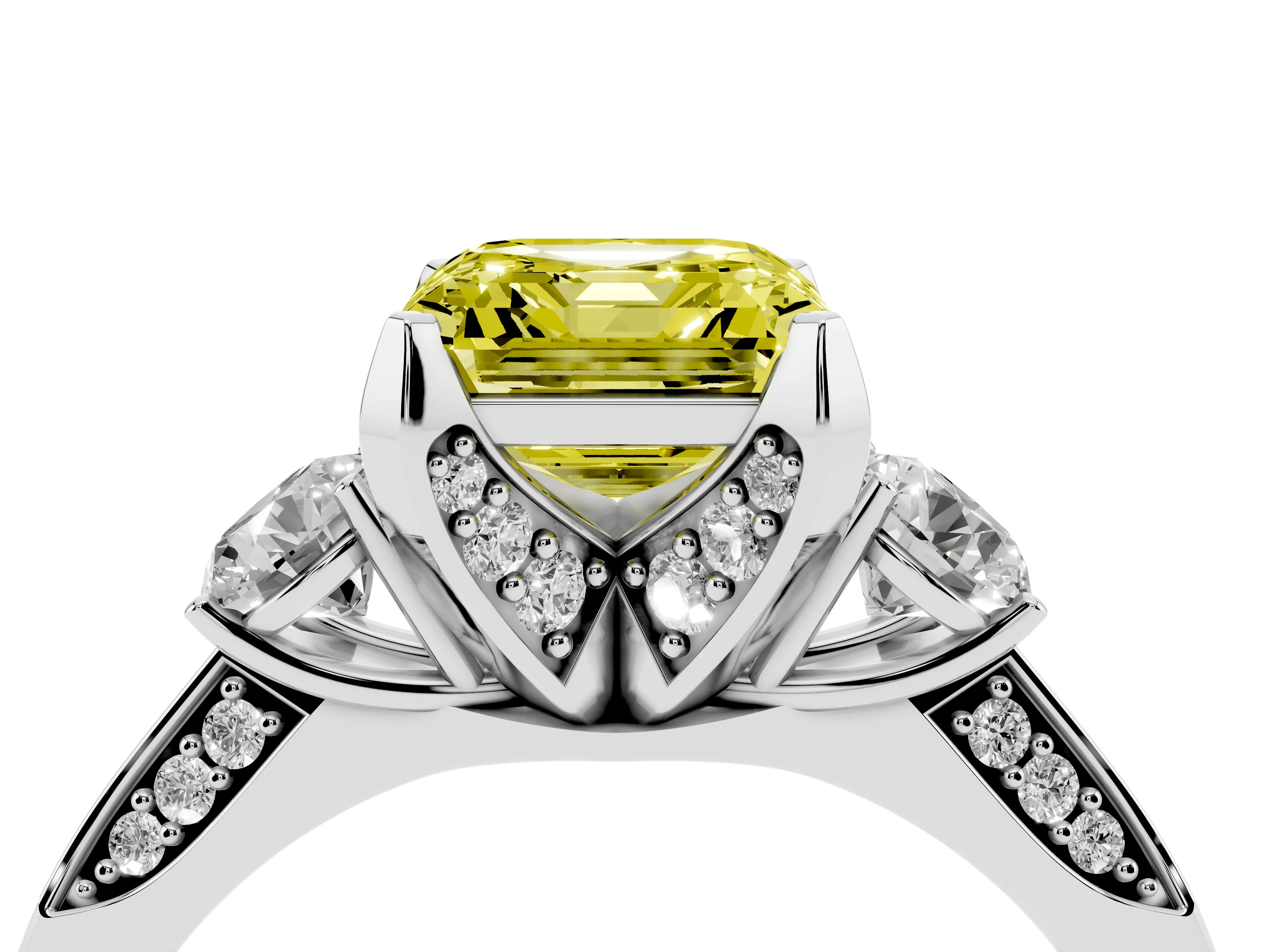 Fancy Yellow Asscher Cut Diamond Three-Stone Ring Set in Silver with Pavé Band and Smaller Side Stones