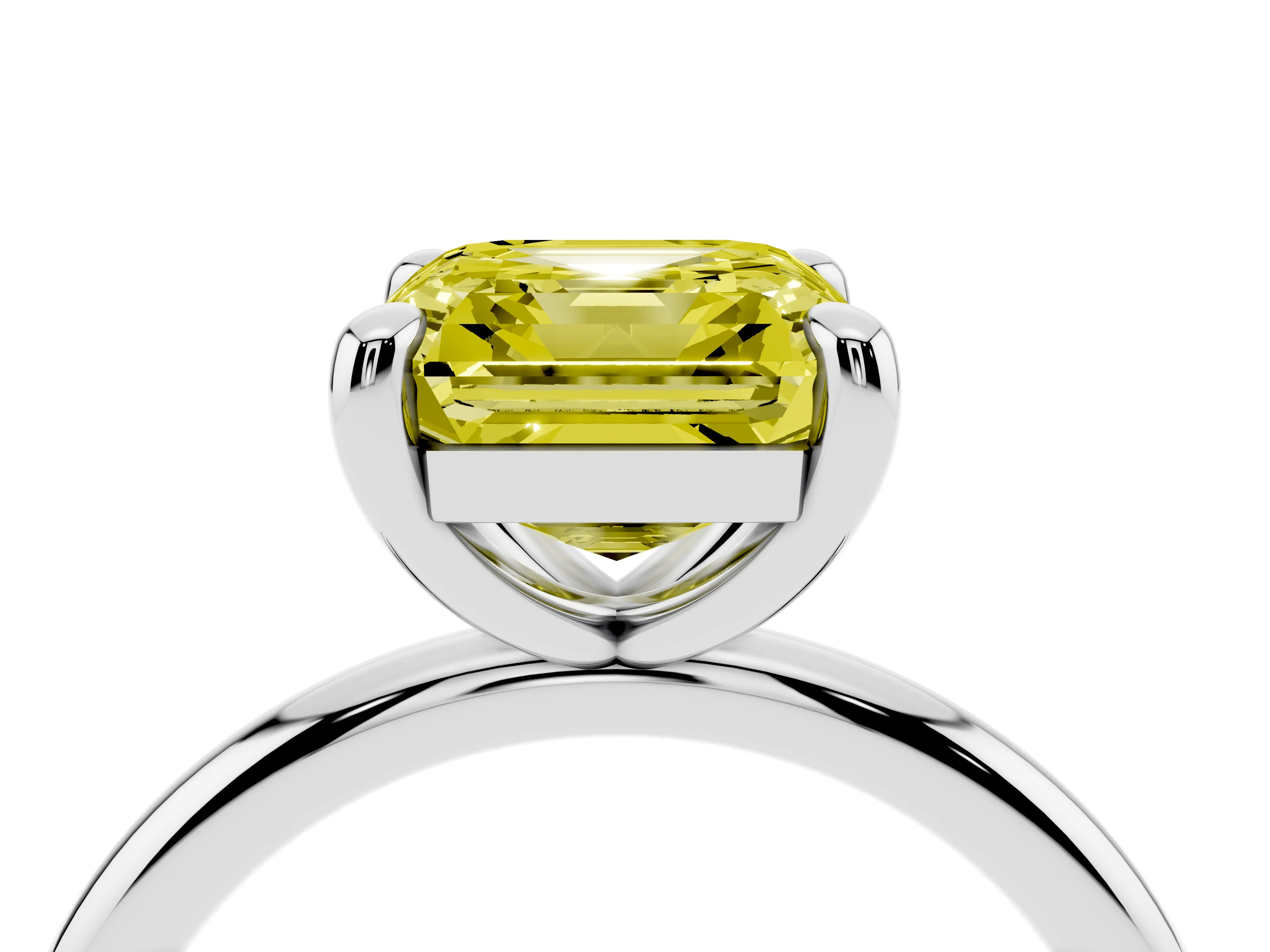 Fancy Yellow Asscher Cut Diamond Solitaire Ring Set in White gold with Prong Setting on a Polished Plain Band