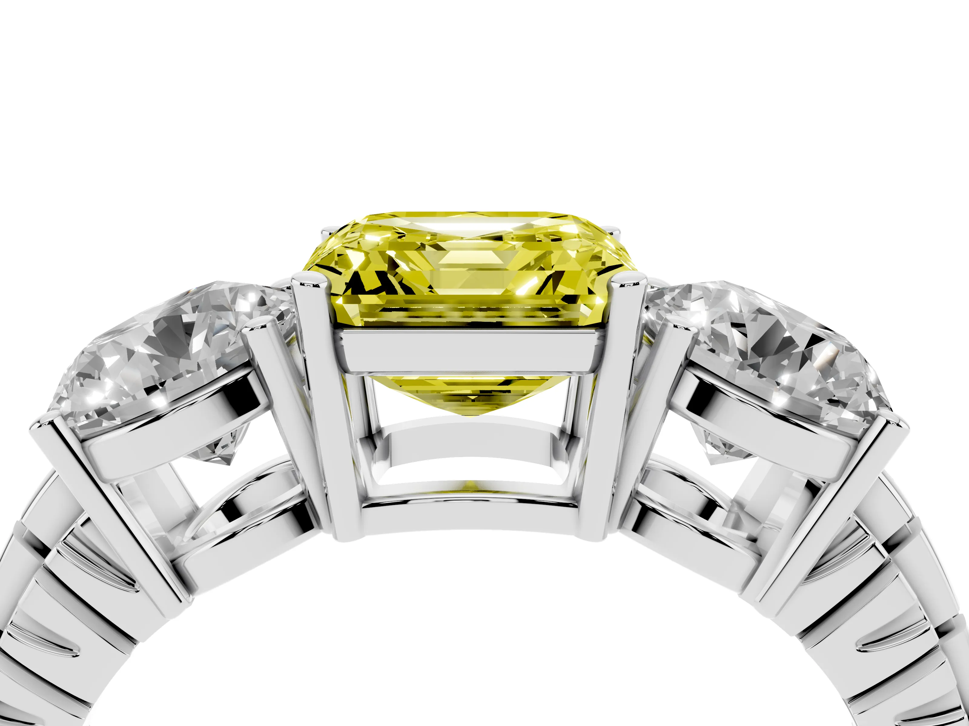 Fancy Yellow Asscher Cut Diamond Three-Stone Ring Set in Platinum with Channel-Set Accent Band